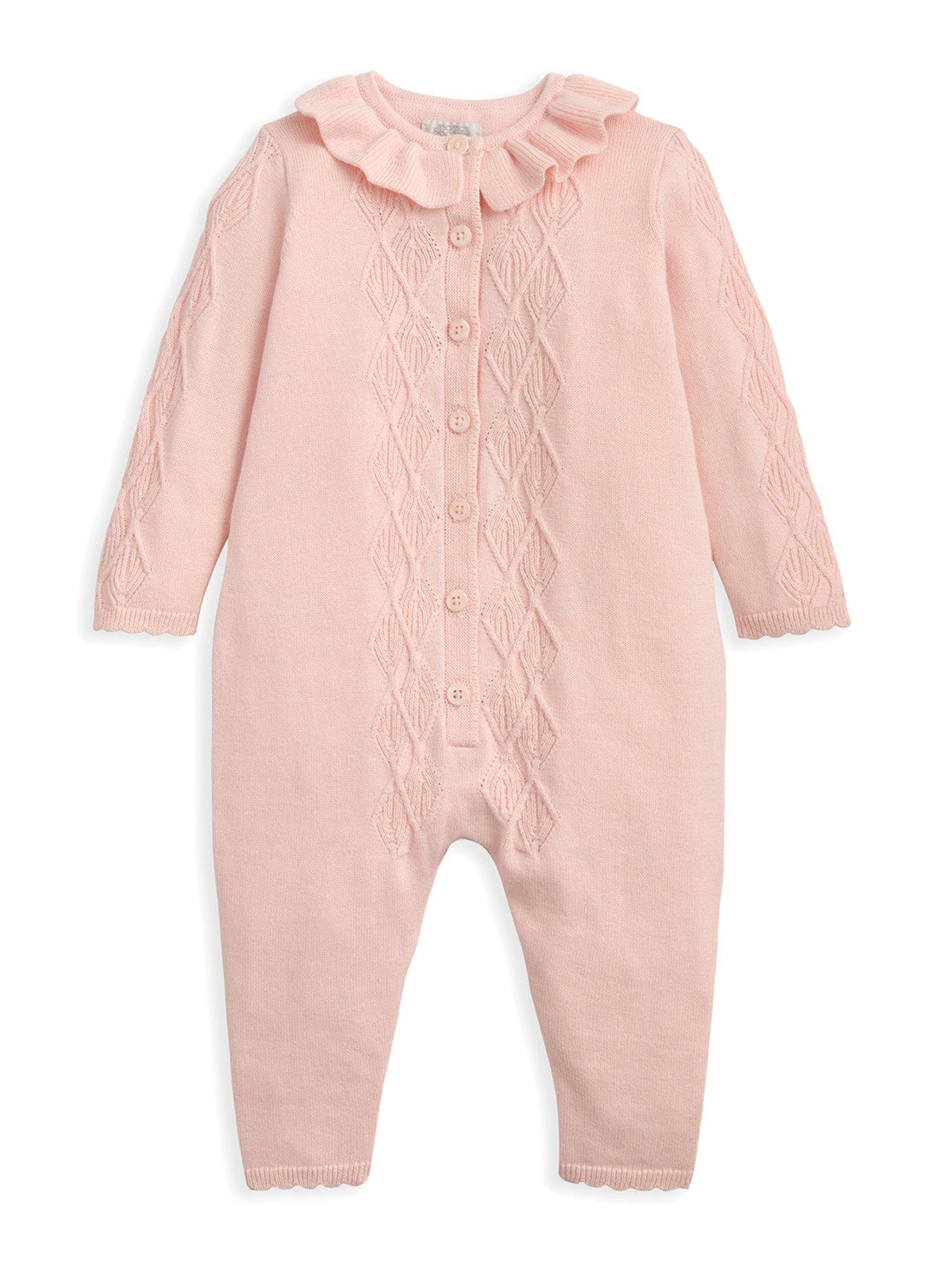 undefined Baby Girls Diamond Stitch Knitted Romper With Frill Collar - Pink