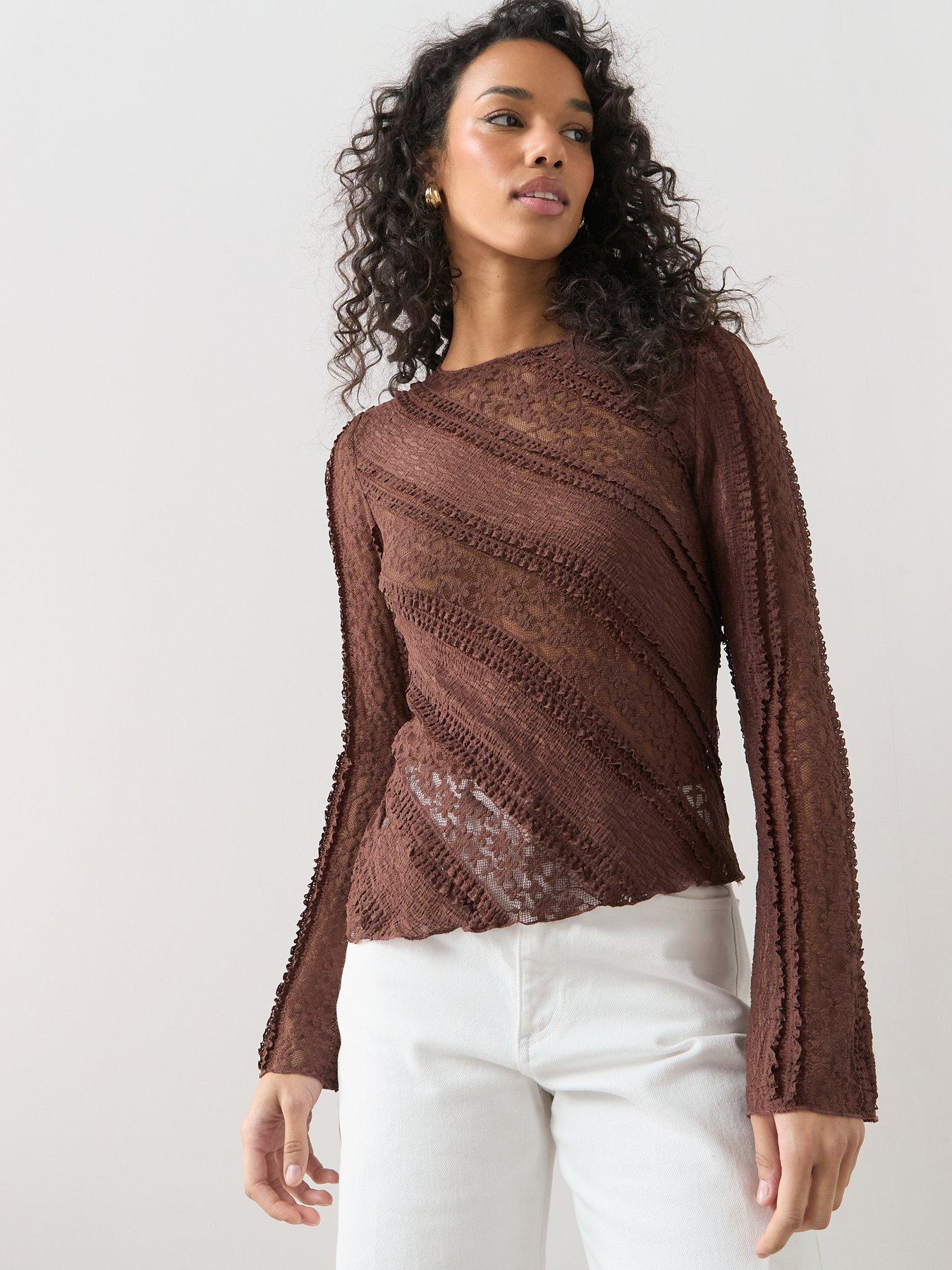 The Very Collection Long Sleeve Lace Top - Brown