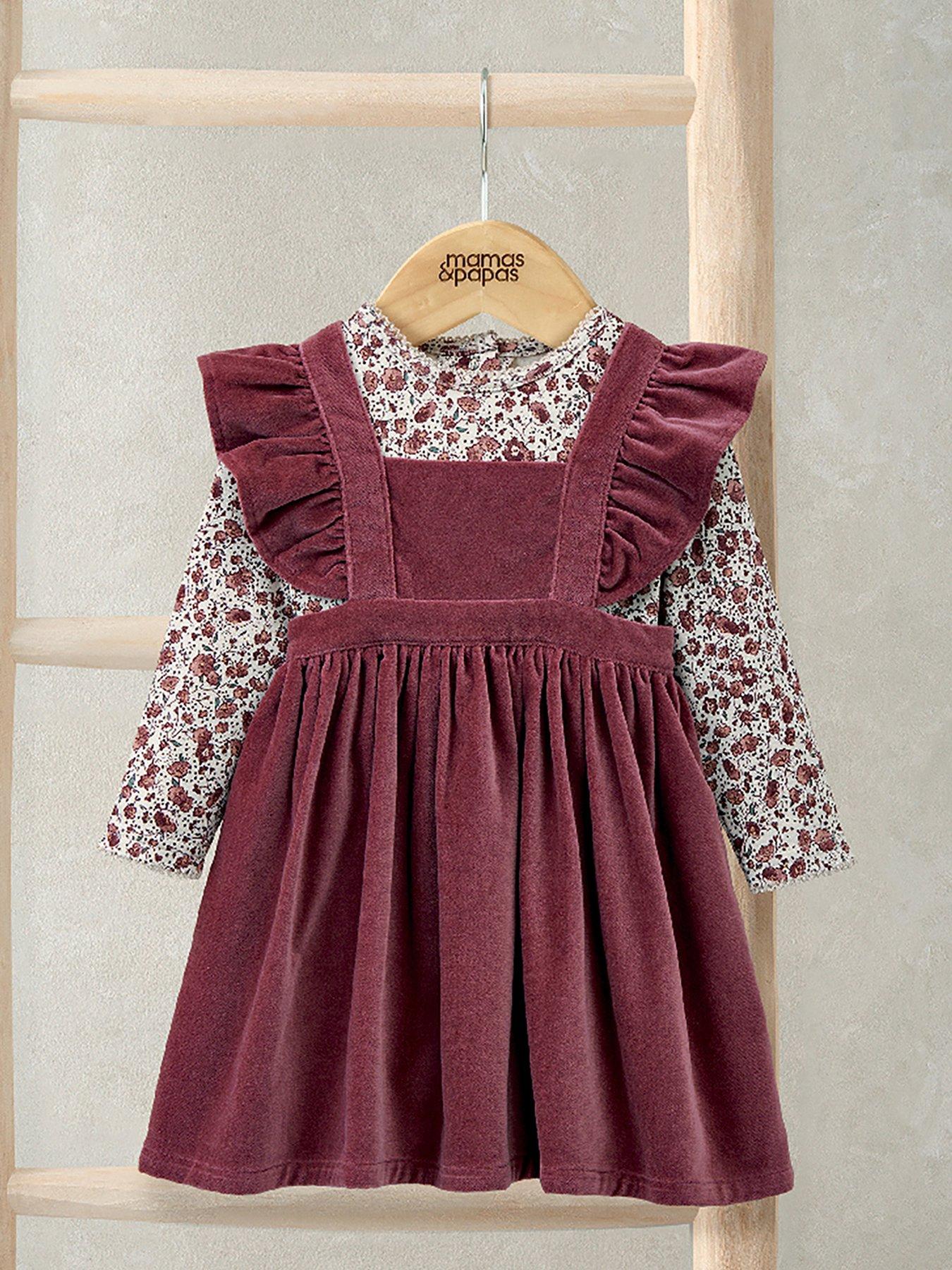 Mamas & Papas Baby Girls 2 Piece Velvet Dress  &  Floral Bodysuit Set - Pink