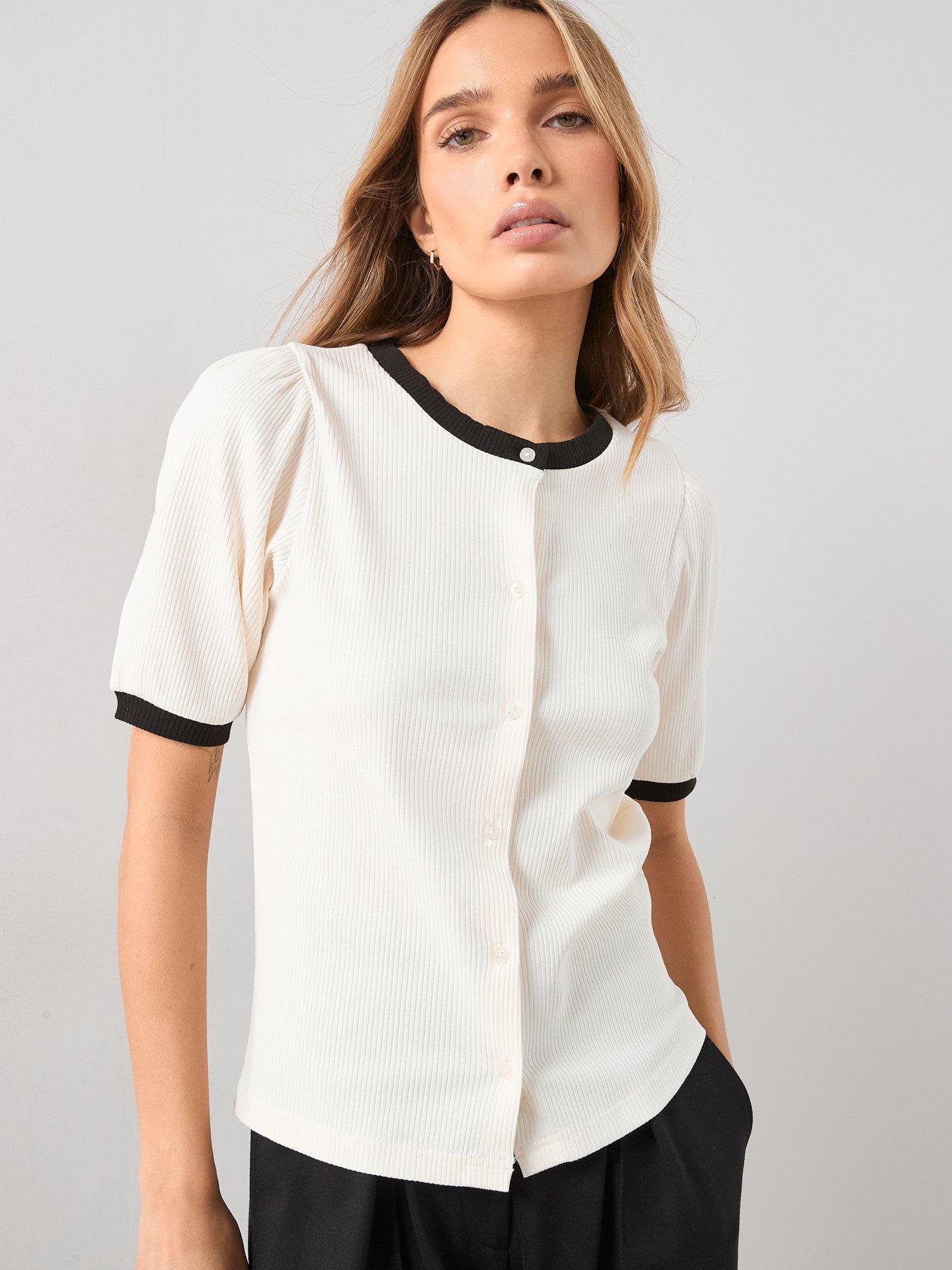 The Very Collection Mono Puff Sleeve Rib Top - White