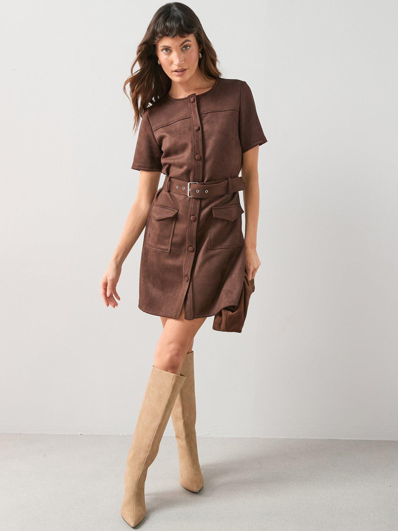 The Very Collection Suede Belted Dress - Brown