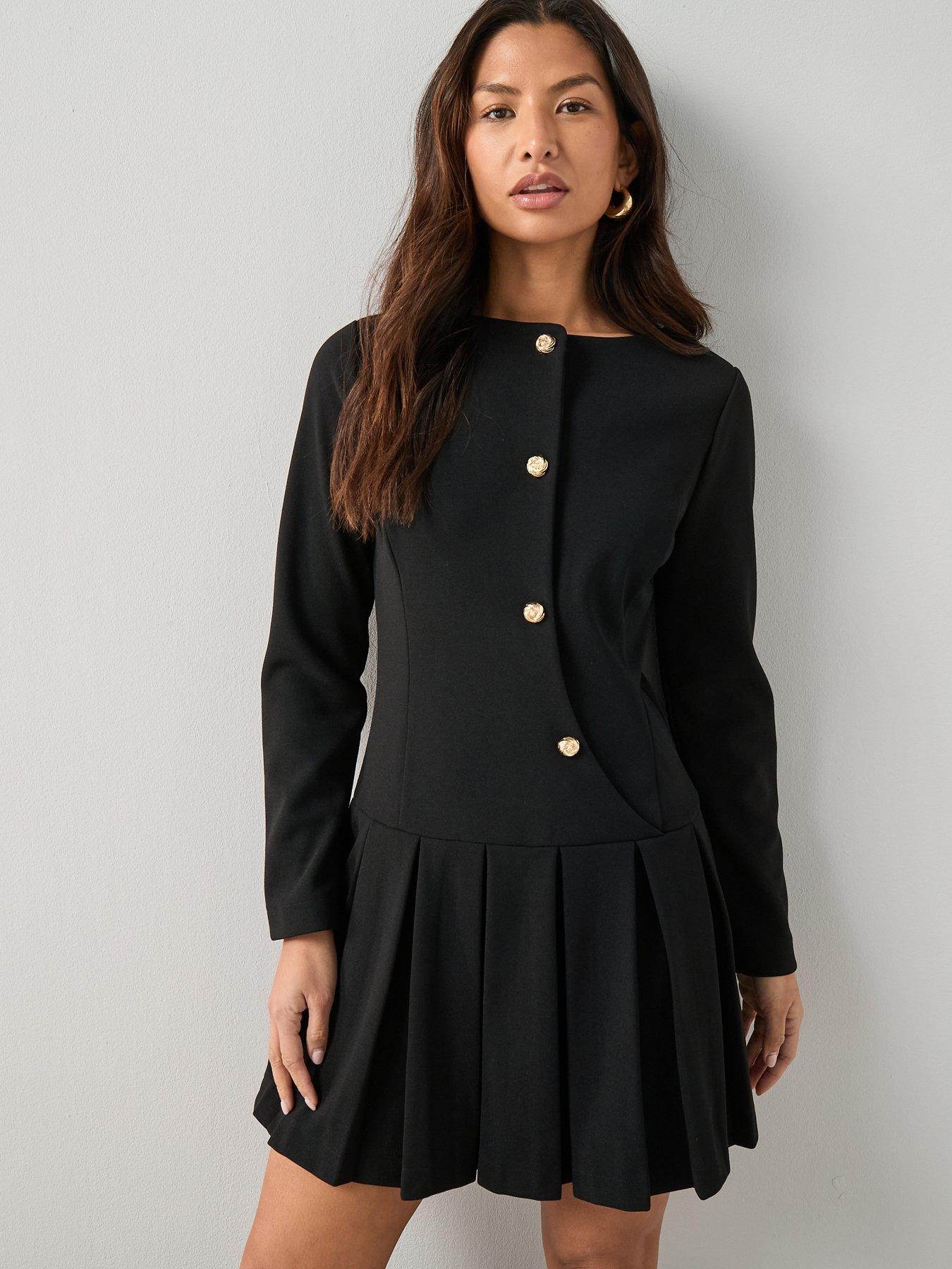 The Very Collection Long Sleeve Pleated Mini Dress - Black