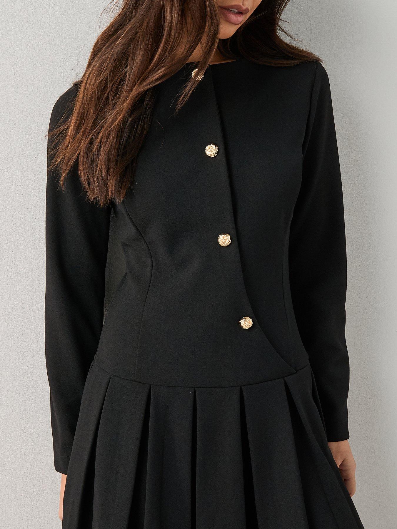 Image 4 of 7 of The Very Collection Long Sleeve Pleated Mini Dress - Black