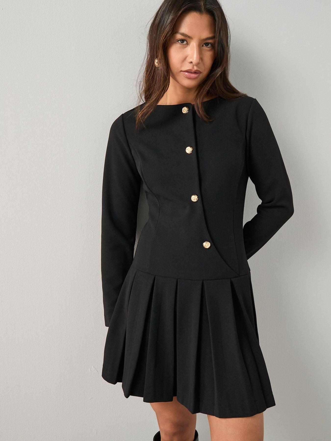 Image 5 of 7 of The Very Collection Long Sleeve Pleated Mini Dress - Black
