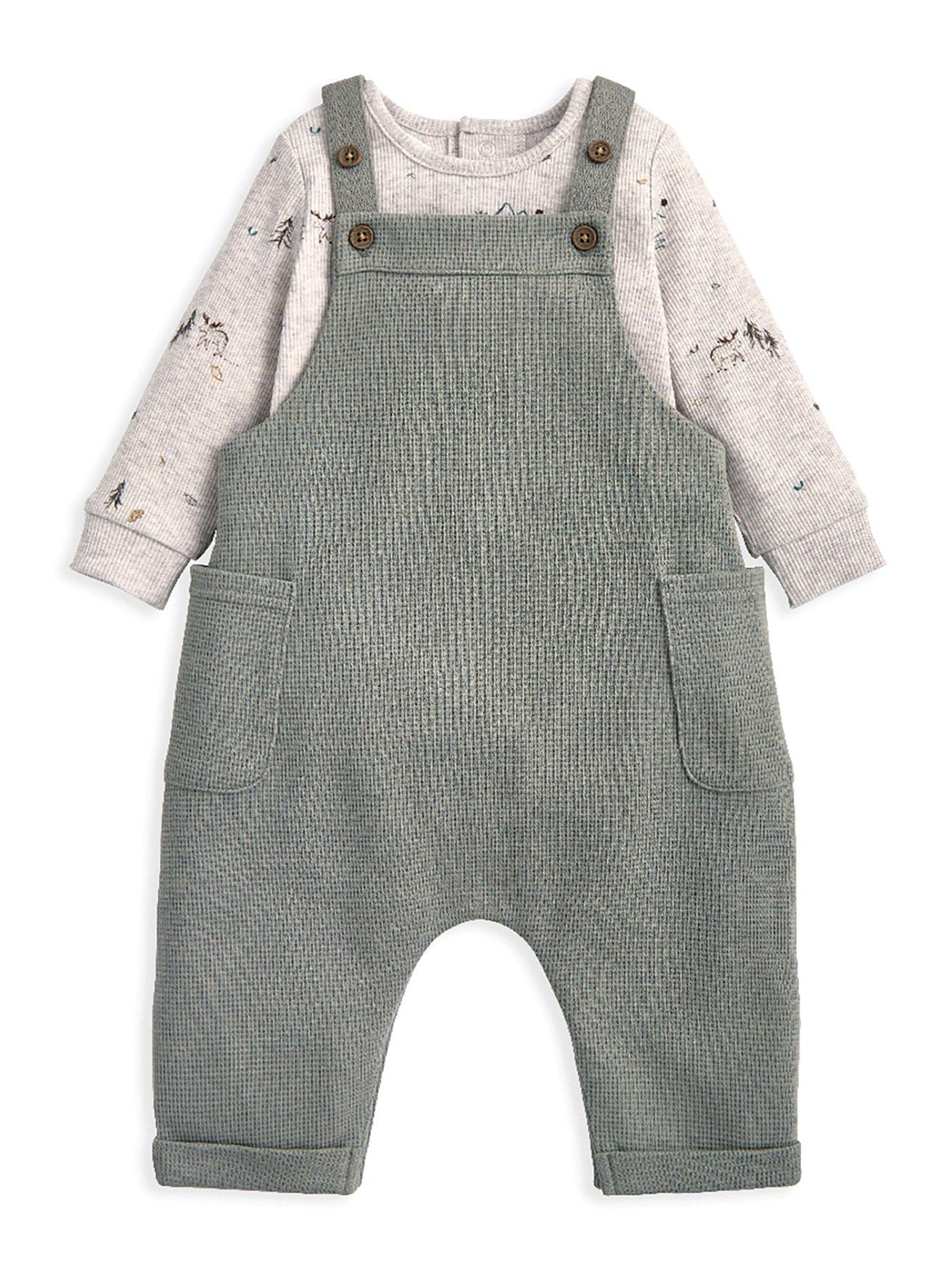 undefined Baby Boys 2 Piece Waffle Dungaree & Mosse Print Bodysuit Set - Green