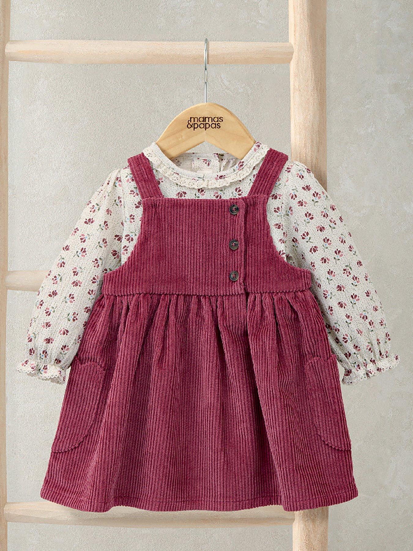 undefined Baby Girls 2 Piece Cord Pinny Dress & Floral Bodysuit Set - Pink