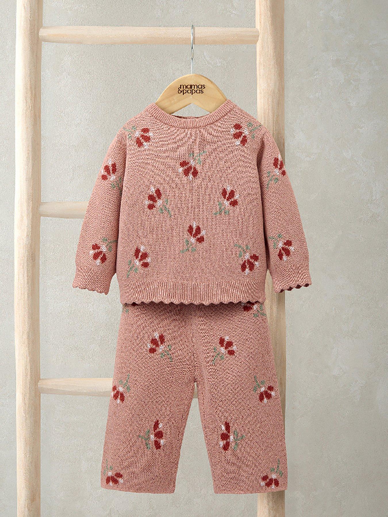 Mamas & Papas Baby Girls 2 Piece Jacquard Floral Knitted Top  &  Bottoms Set - Pink