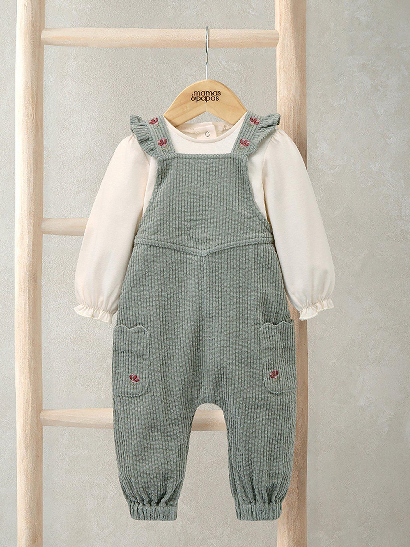 undefined Baby Girls 2 Piece Embroidered Cord Dungaree & Bodysuit Set - Green