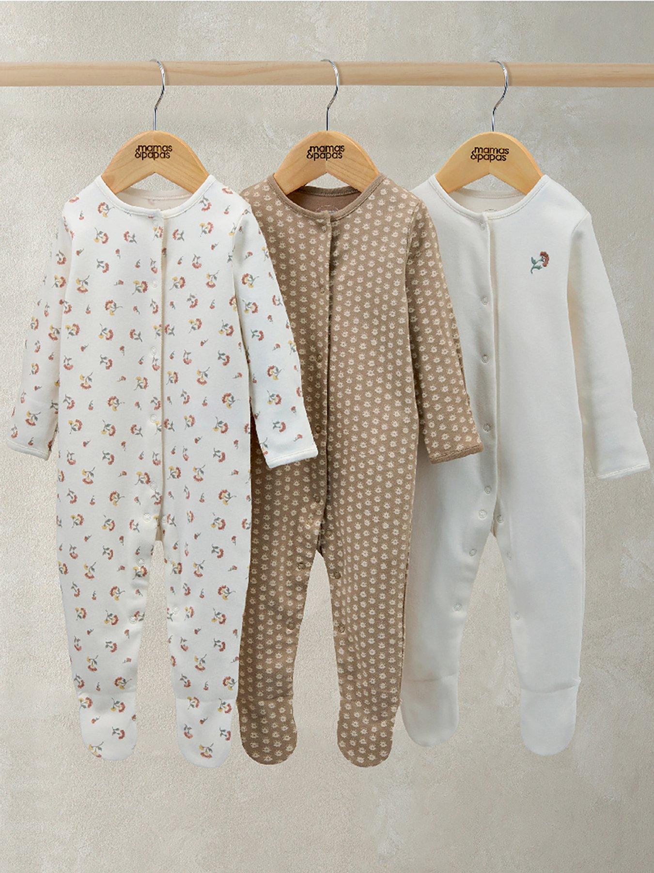 Image 1 of 2 of Mamas & Papas Baby Girls 3 Pack Floral Woodblock Sleepsuits - Multi