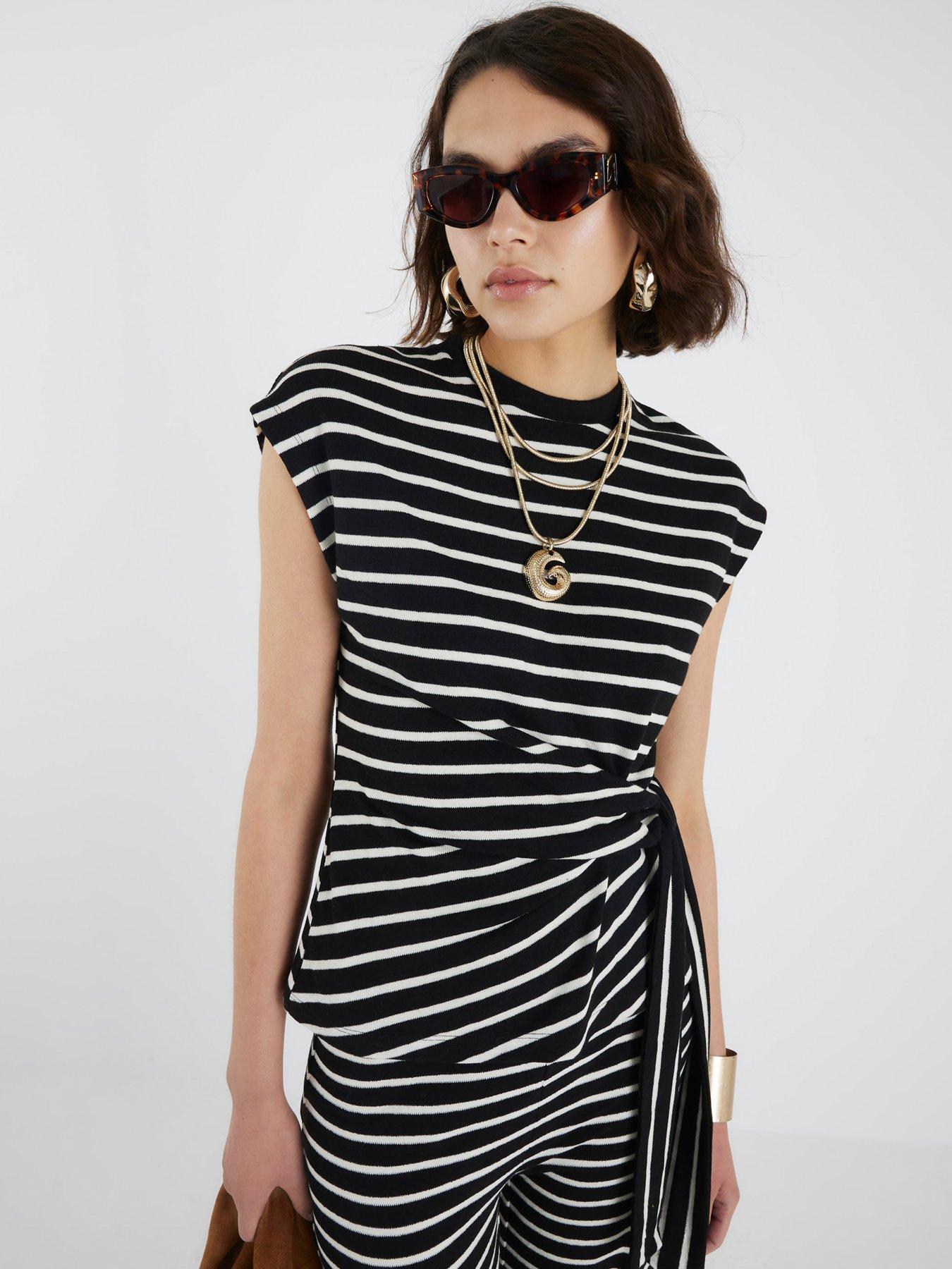 River Island Short Sleeve Stripe Knot Side T-Shirt - Black