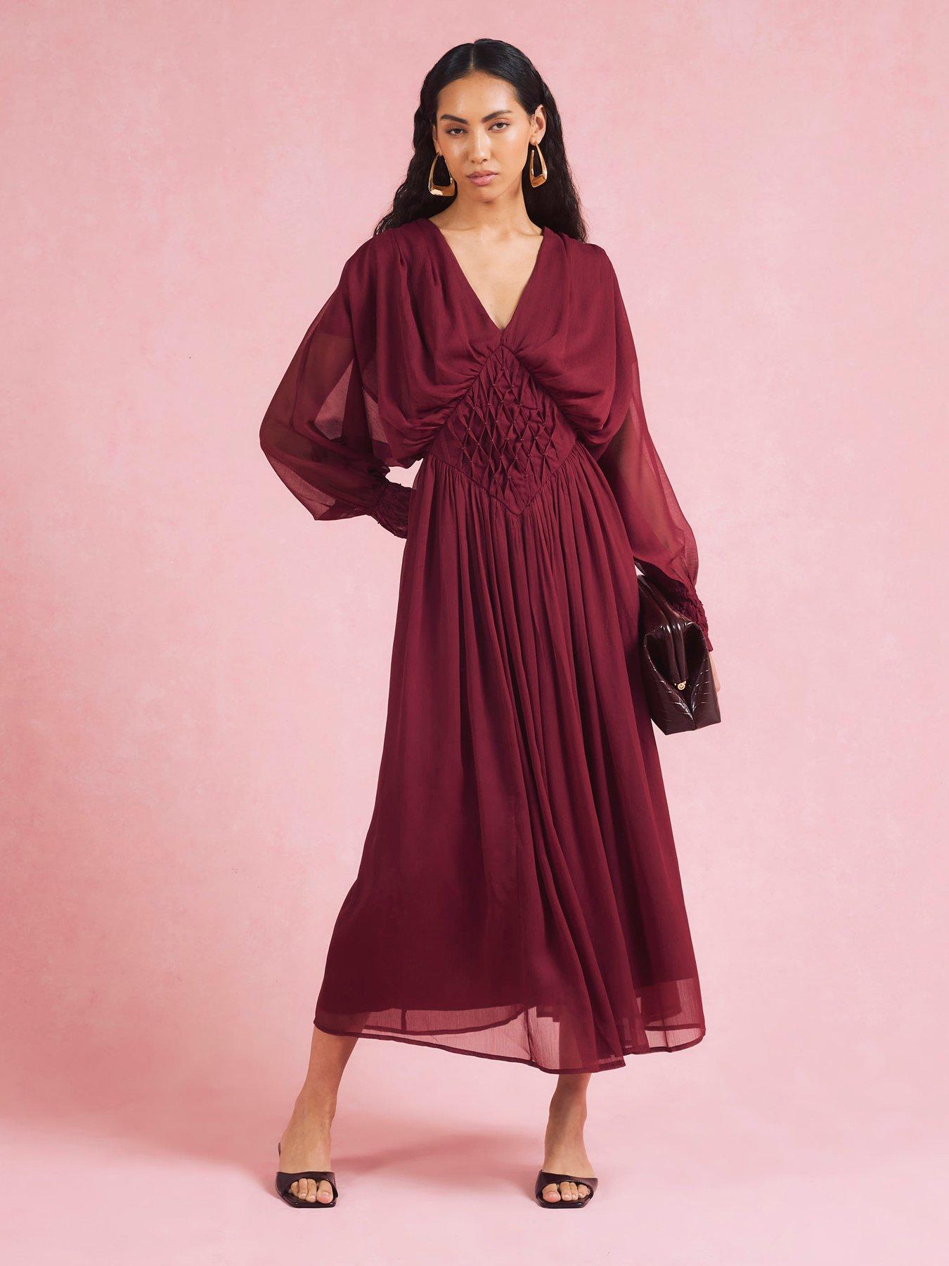undefined Long Sleeve Smocked Maxi - Red