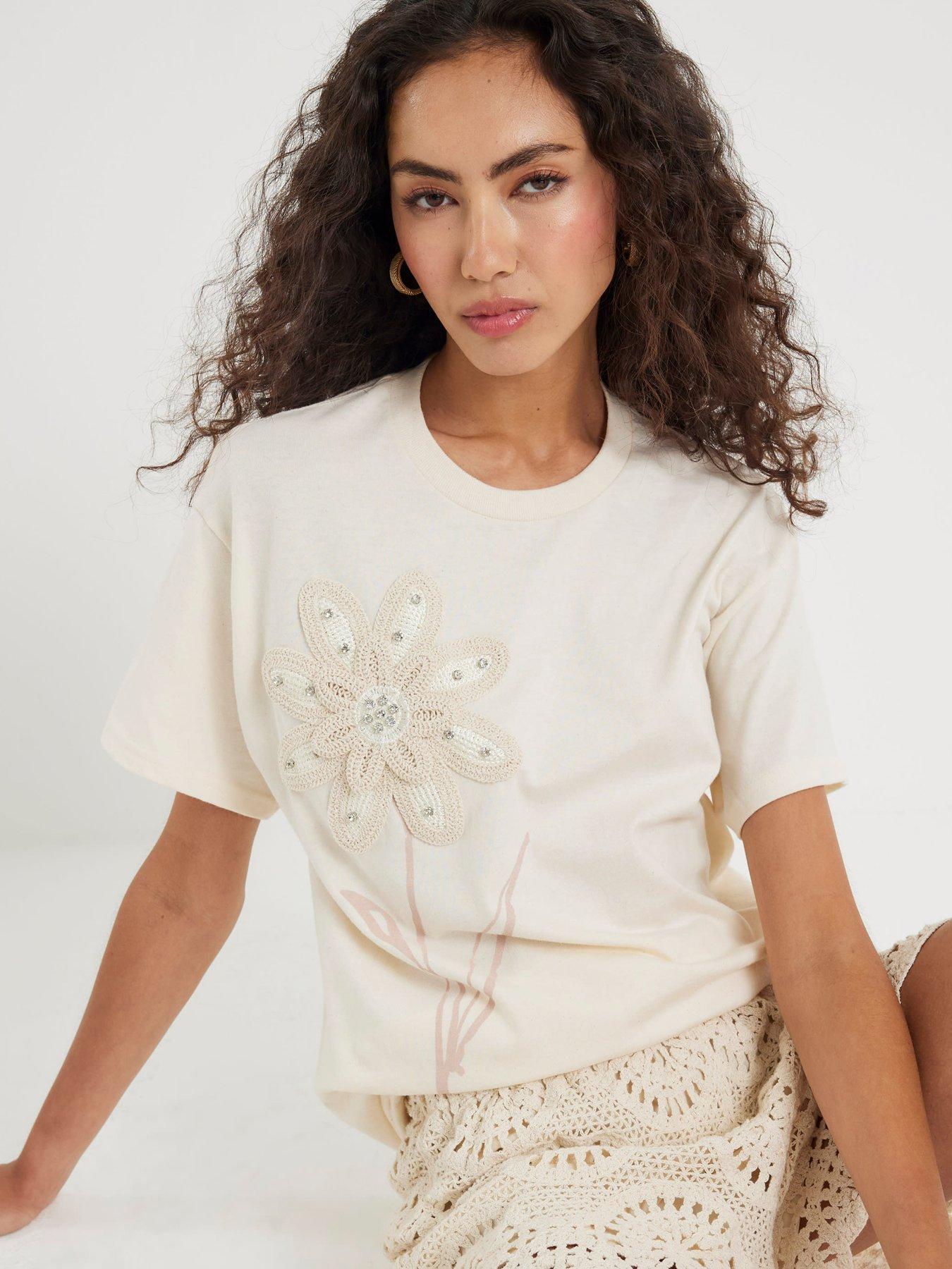 undefined Short Sleeve Crochet Diamante Trim T-Shirt - White
