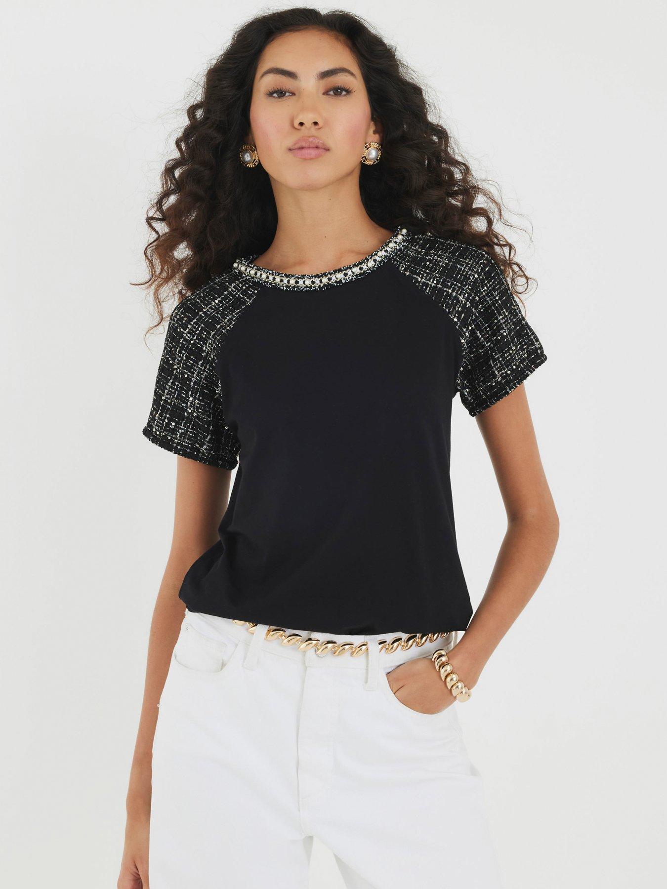 River Island Short Sleeve Boucle Boutique T-Shirt - Black
