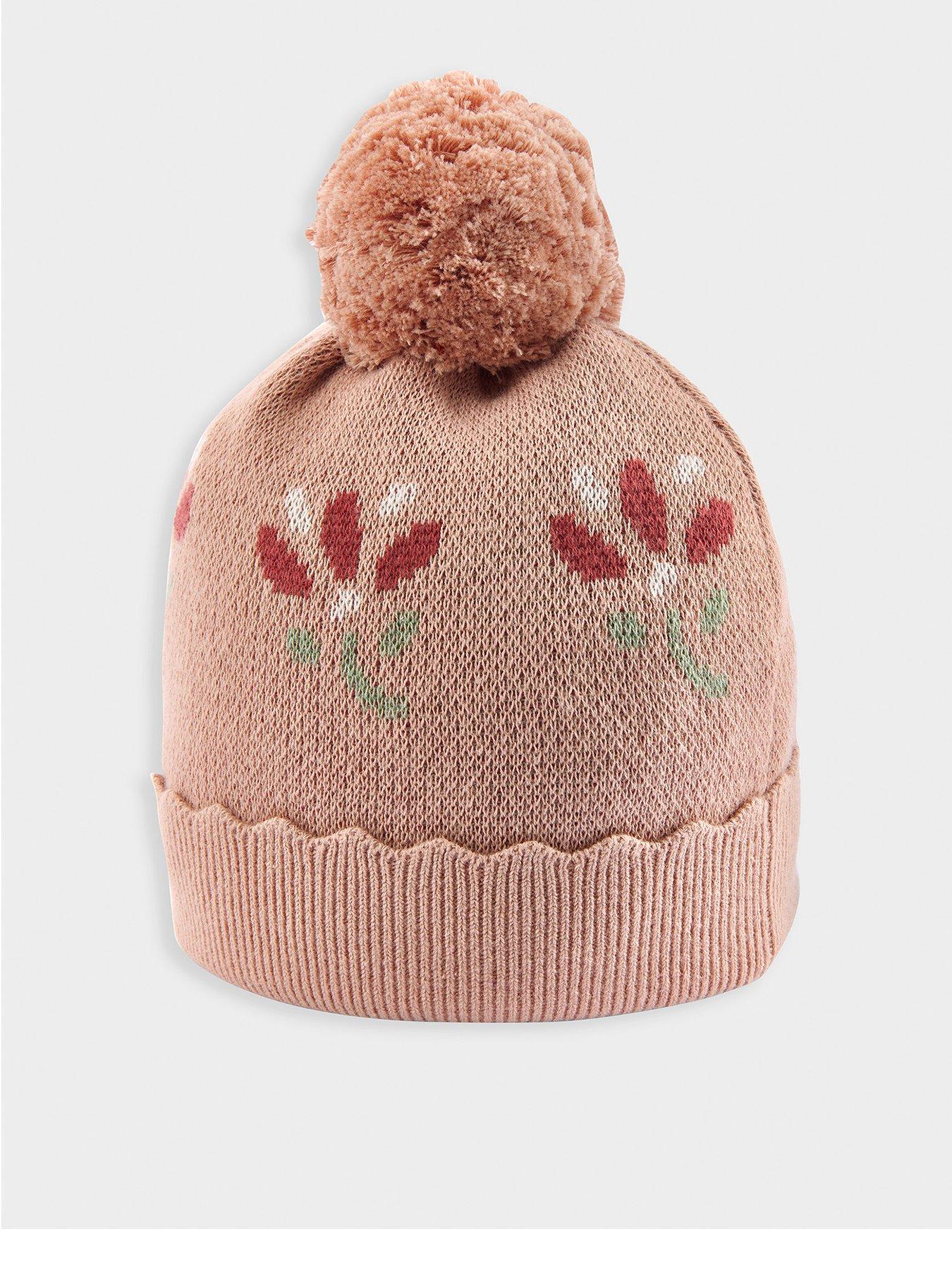 Mamas Papas Baby Girls Floral Knitted Pom Pom Beanie Hat Pink