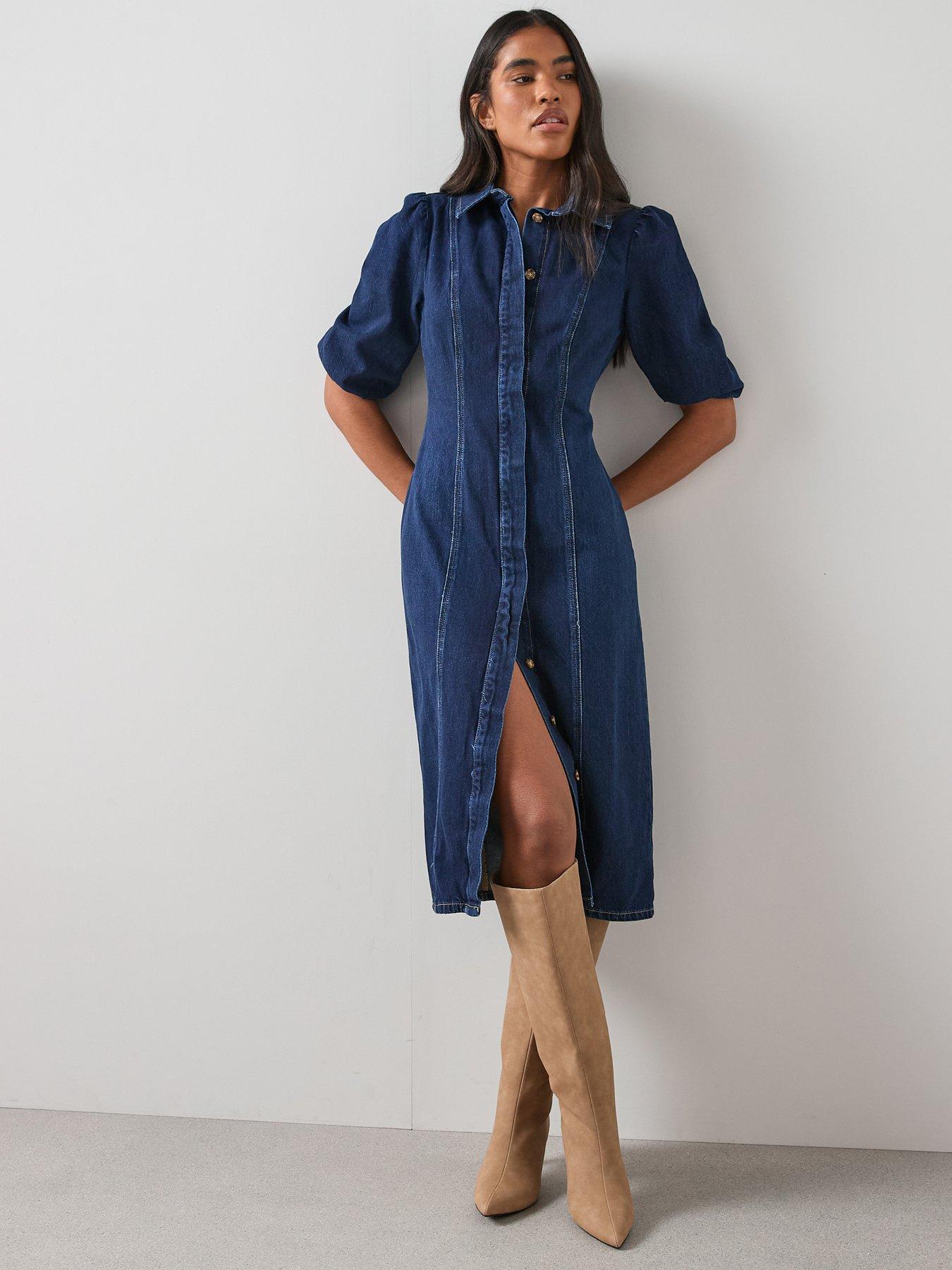 The Very Collection Denim Puff Sleeve Midi Dress - Dark Wash