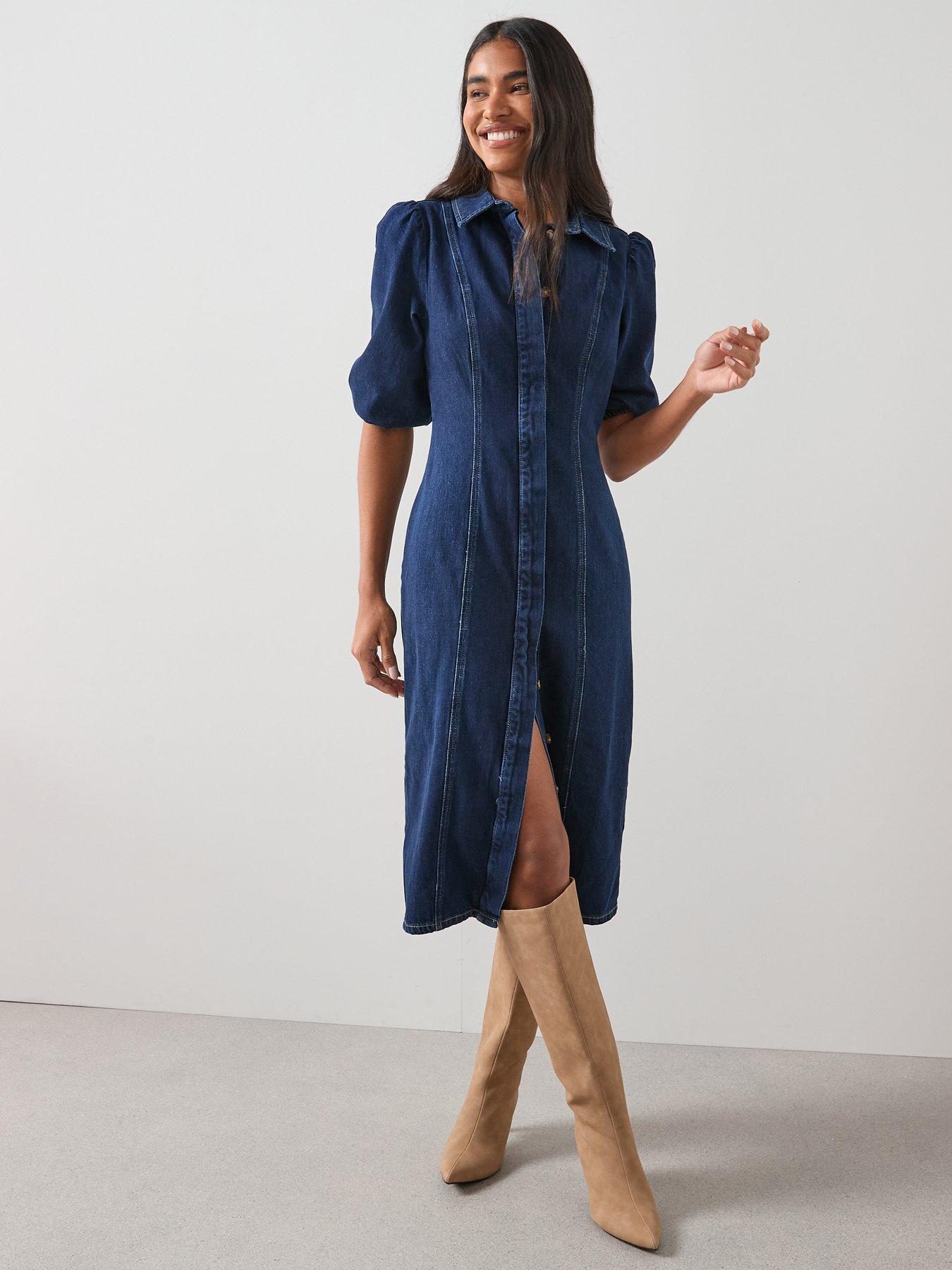 The Very Collection Denim Puff Sleeve Midi Dress - Dark Wash | Very