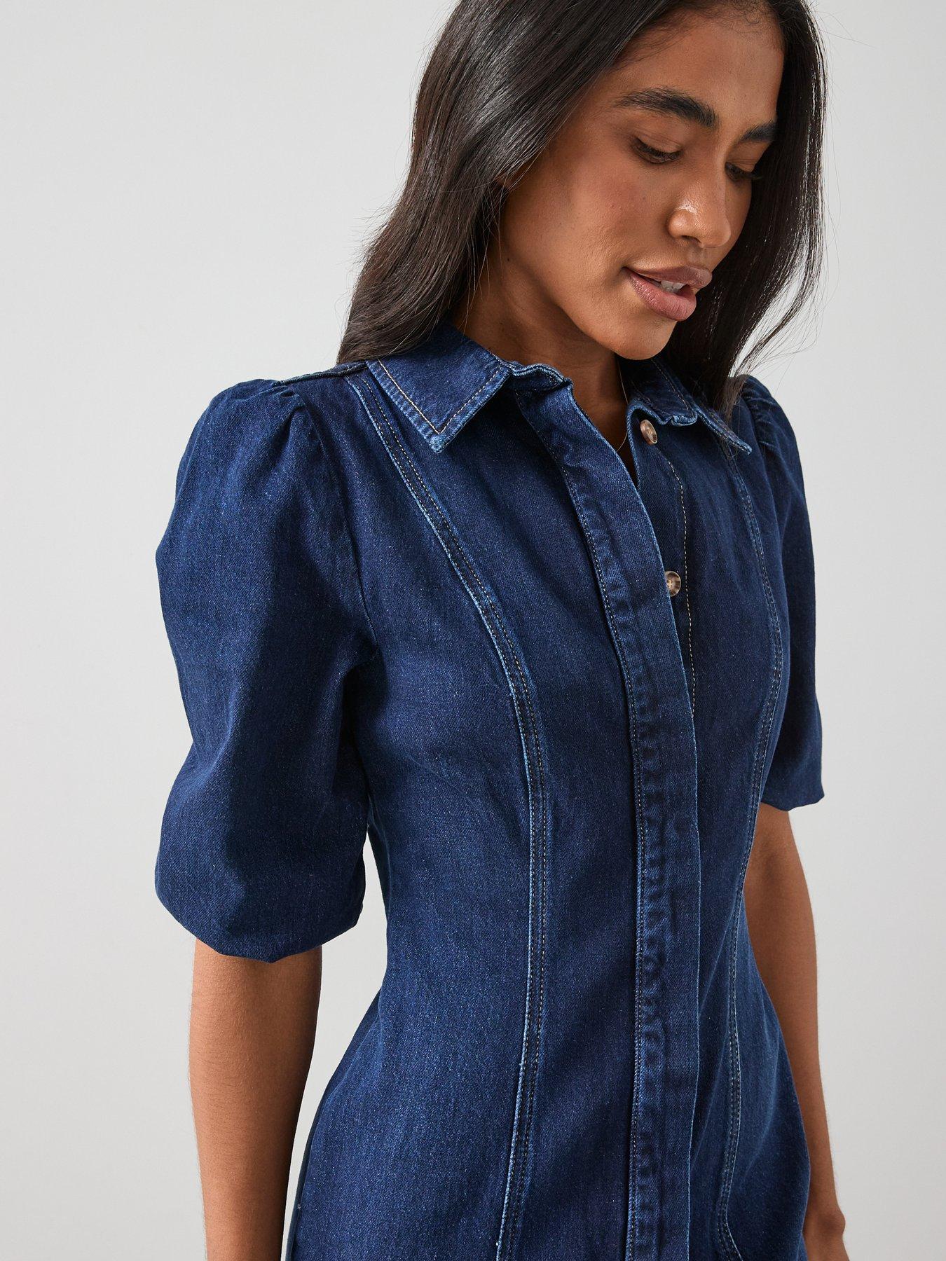 The Very Collection Denim Puff Sleeve Midi Dress - Dark Wash | Very