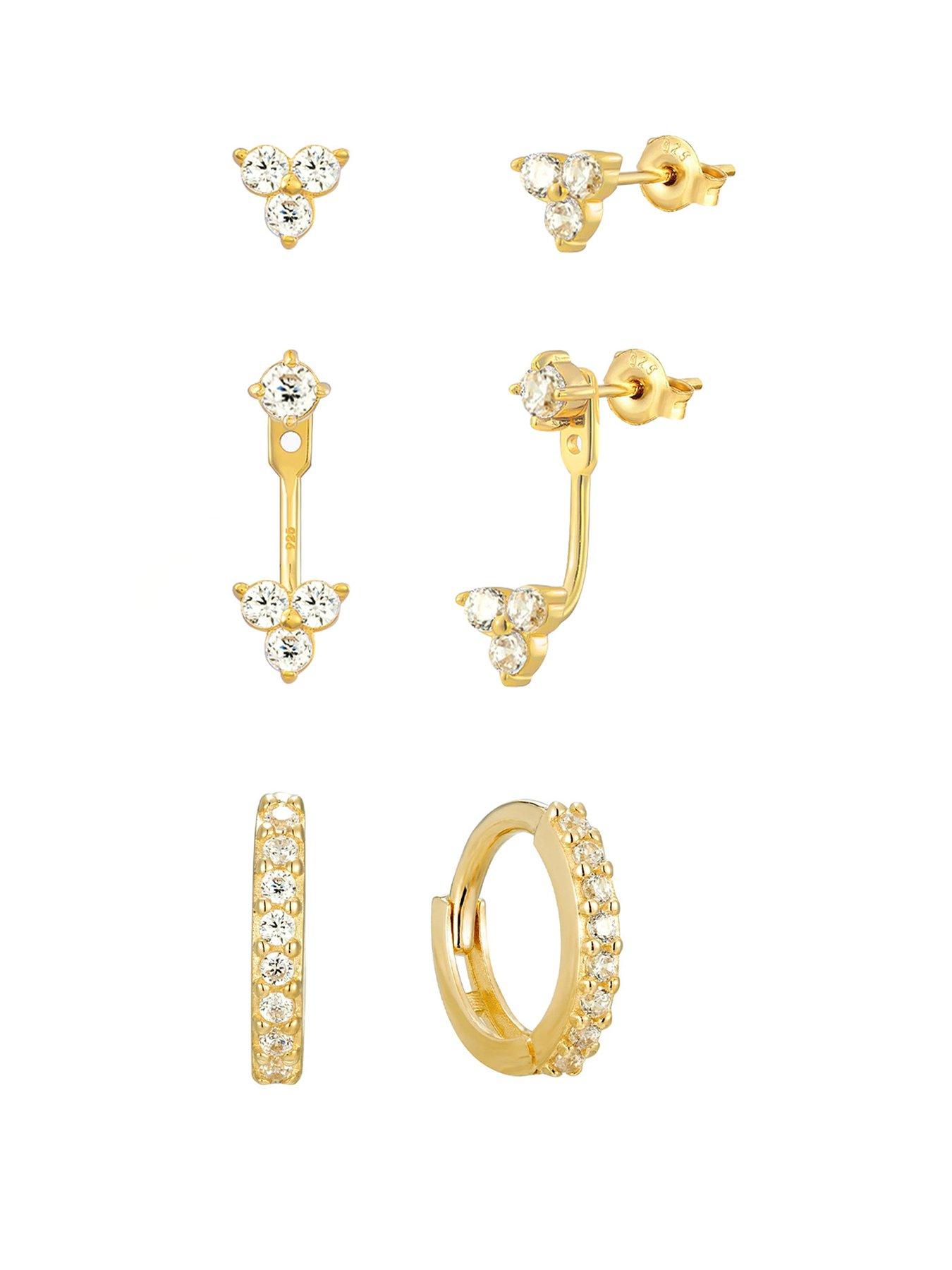 The Love Collection Gold Plated Sterling Silver CZ Ear Jacket, Hoop and Stud Set of 3
