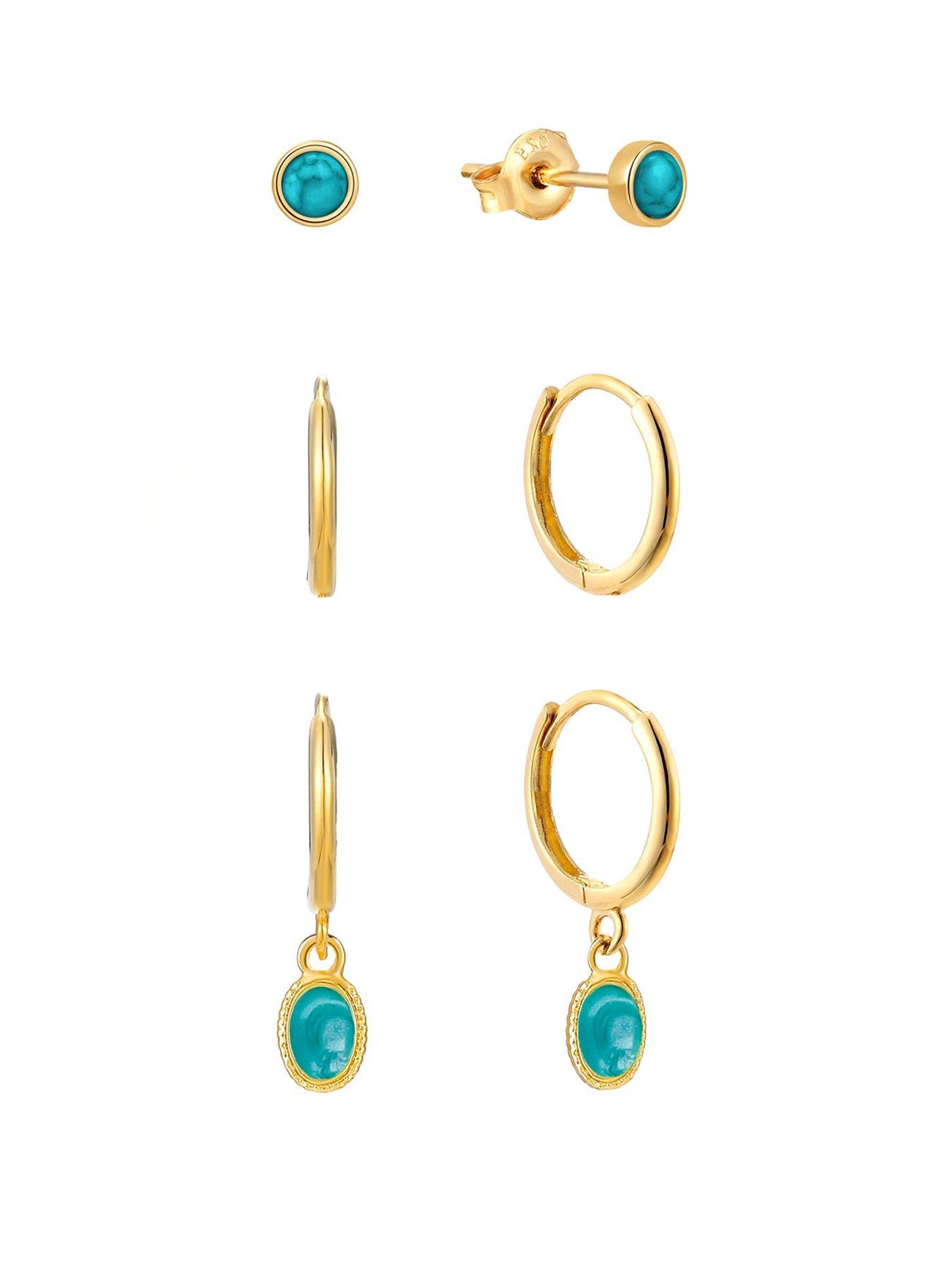 The Love Collection Gold Plated Sterling Silver Turquoise Dropper Hoops and Stud Set of 3