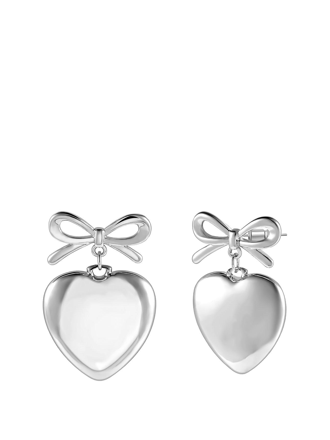 undefined Silver Dome Heart And Bow Dropper Earrings