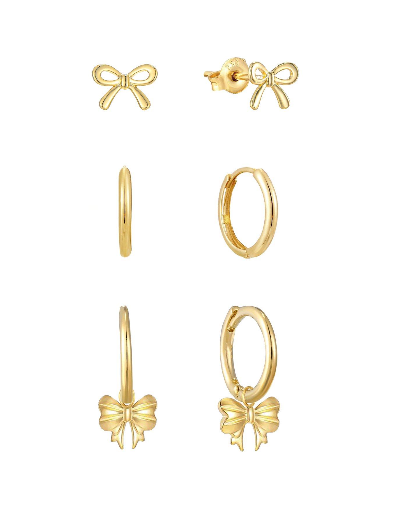 The Love Collection Gold Plated Sterling Silver Bow Earring Set of 3 Pairs