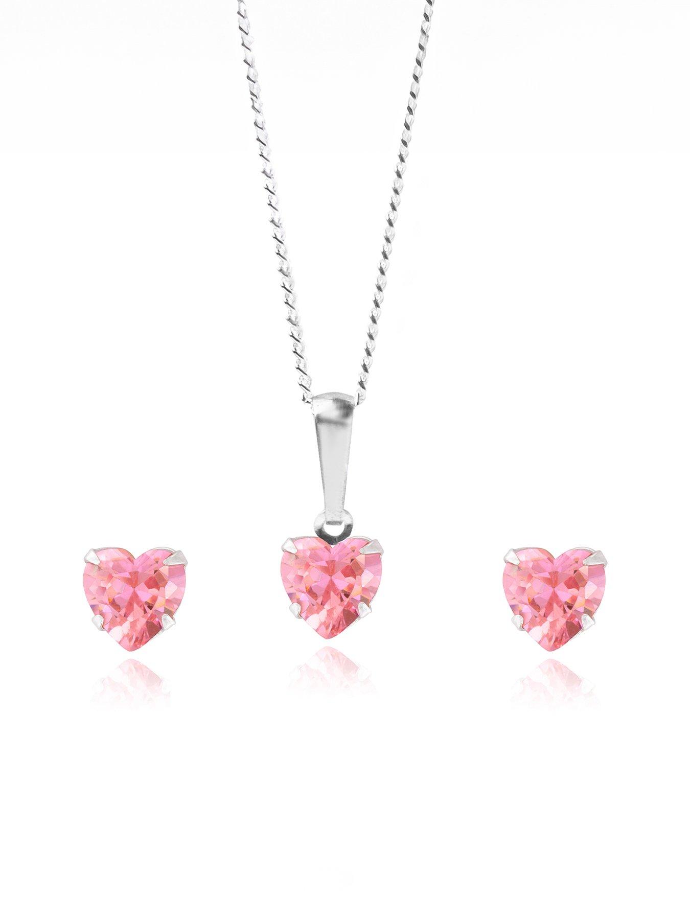 The Love Collection Pink CZ heart stud earring and pendant set