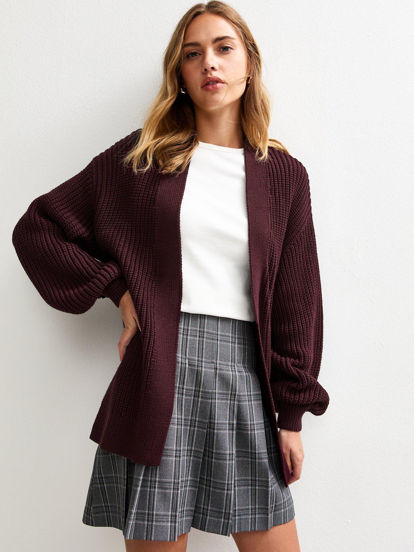 undefined Burgundy Stitch Knit Balloon Sleeve Cardigan - Red
