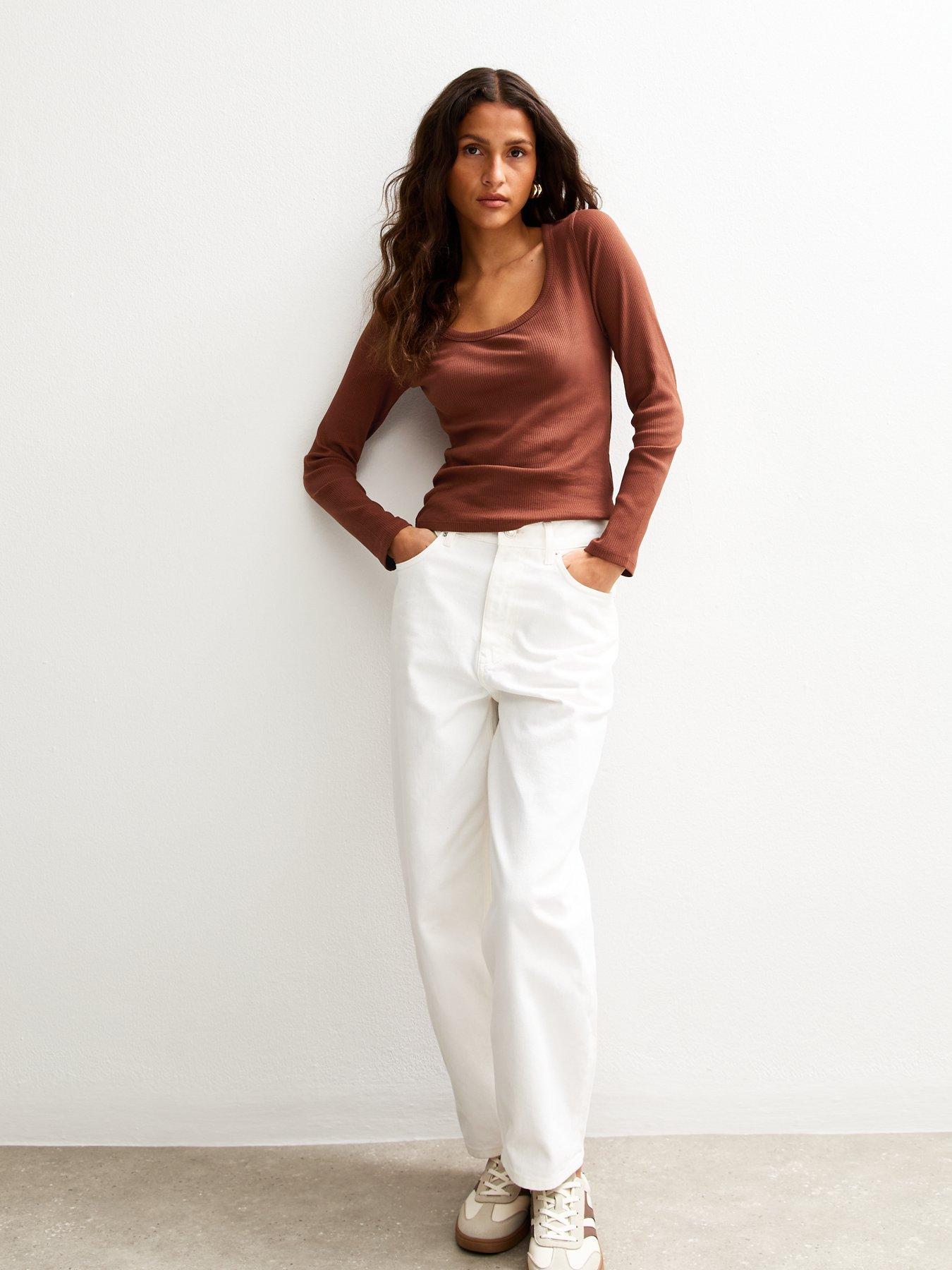 Image 3 of 4 of New Look Scoop Neck Long Sleeve Ribbed Top - Orange
