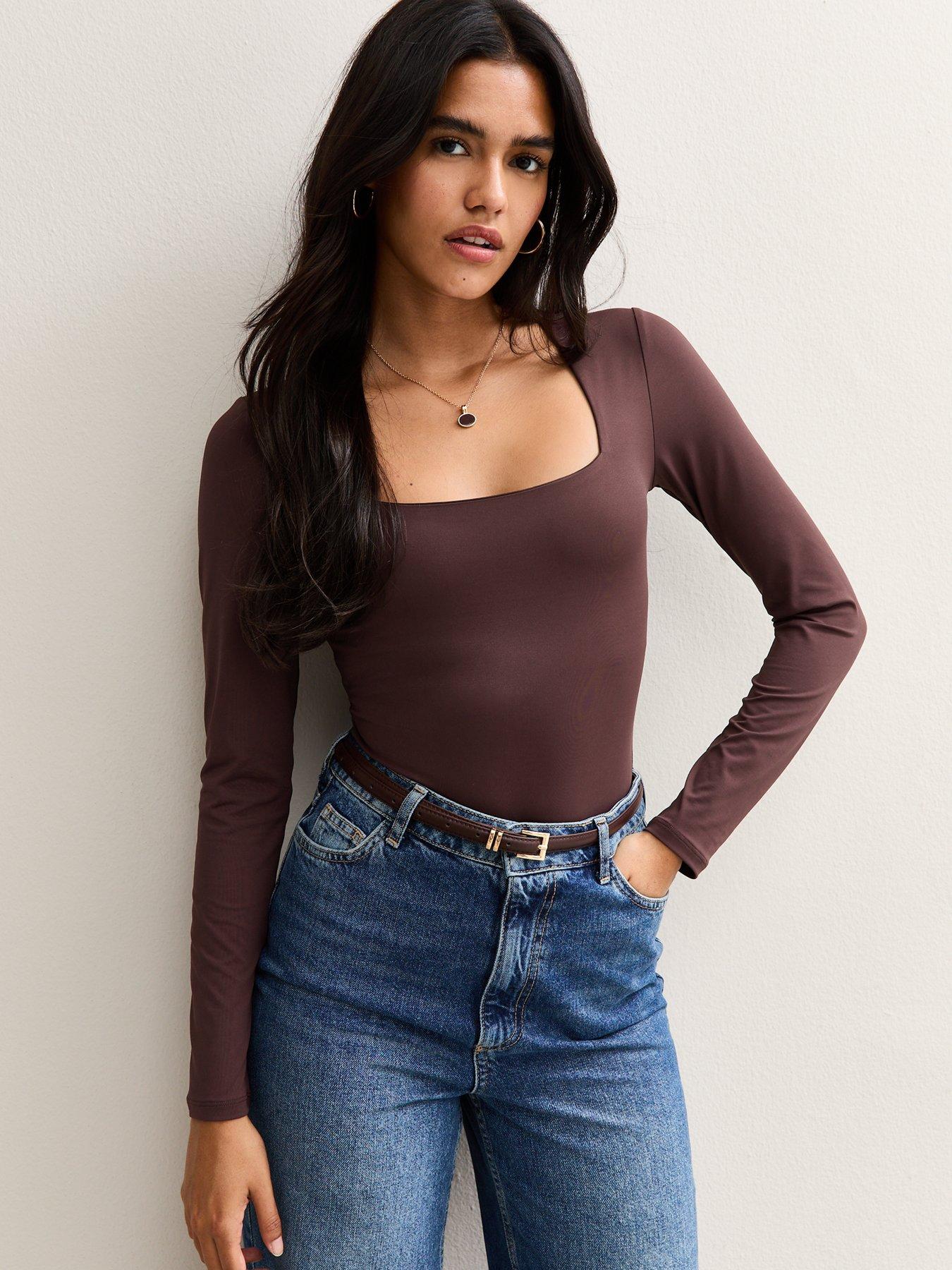 New Look Burgundy Slinky Square Neck Long Sleeve Bodysuit