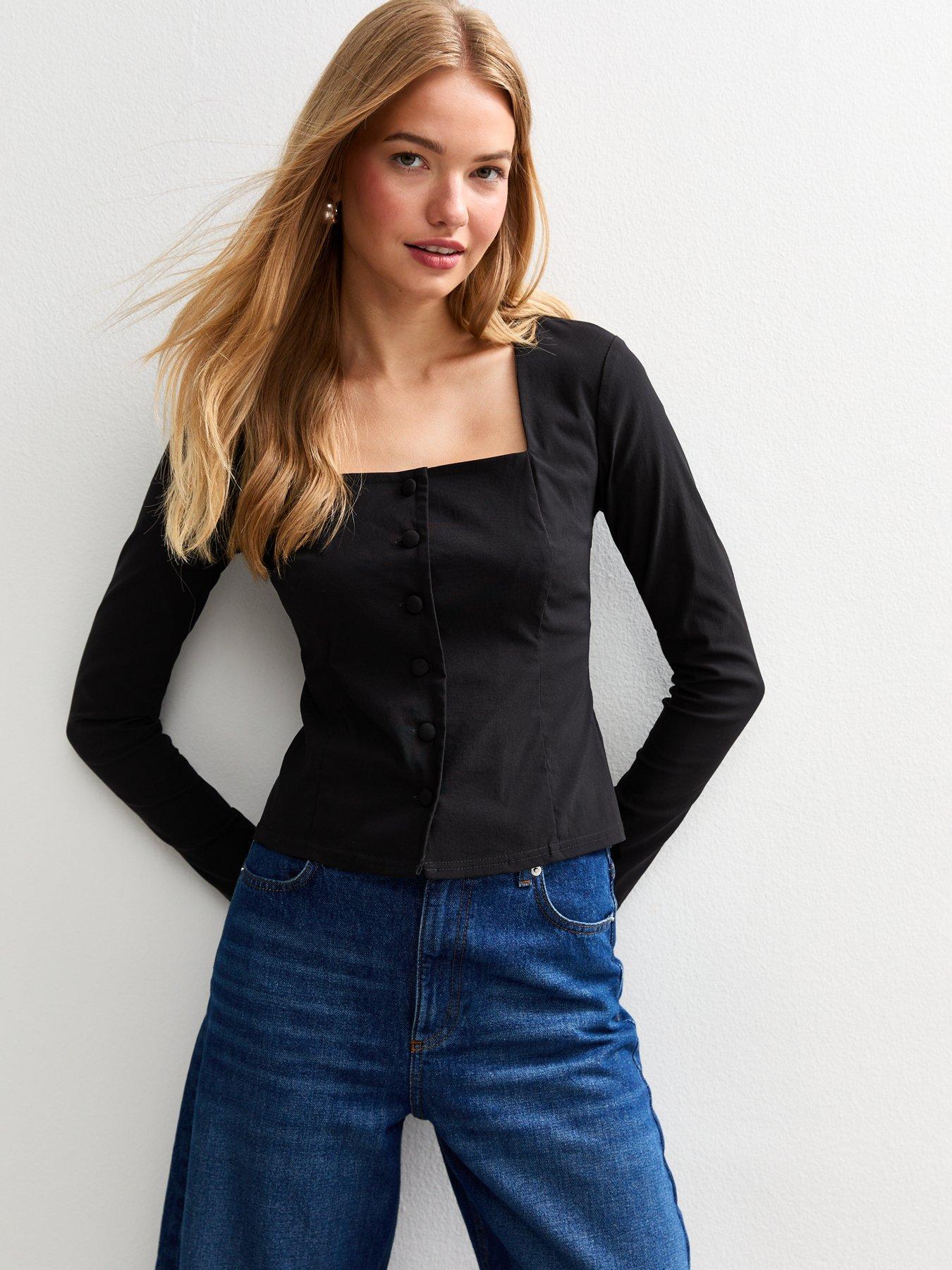 New Look Square Neck Button Up Long Sleeve Top - Black