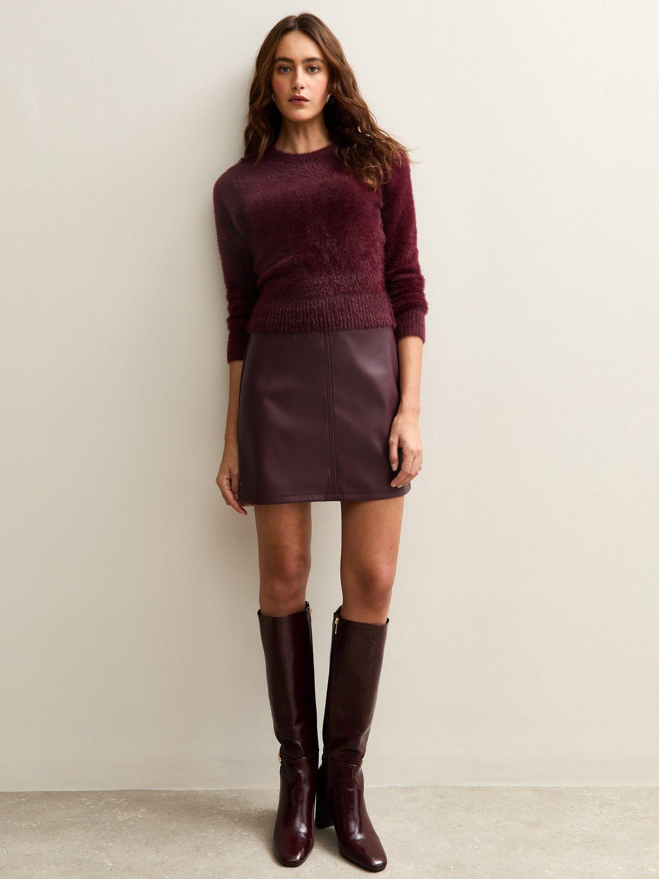 New Look Burgundy Faux Leather A-line Mini Skirt