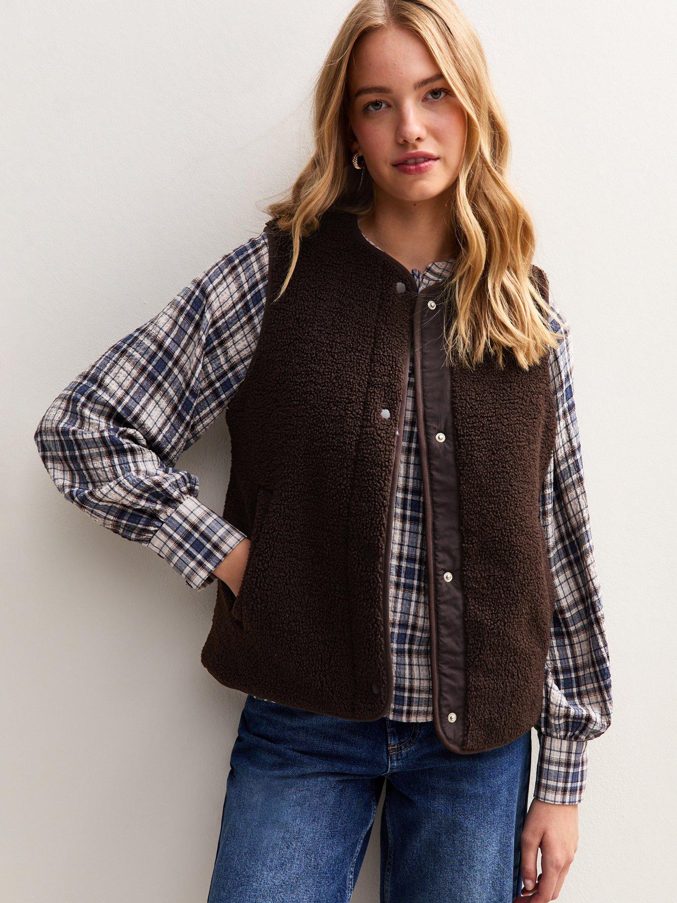 New Look: Dark Brown Borg Collarless Gilet