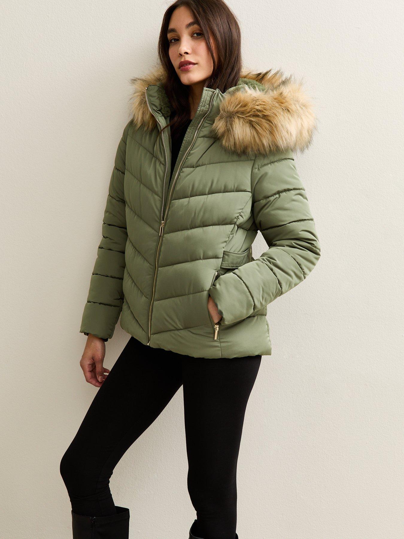 New Look Hooded Faux Fur Trim Padded Jacket - Green
