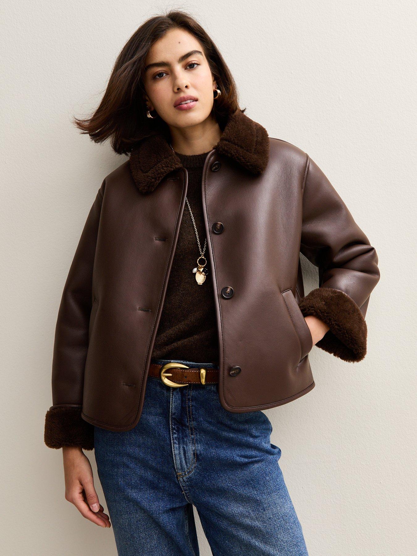 New Look Faux Leather Borg Trim Jacket - Dark Brown