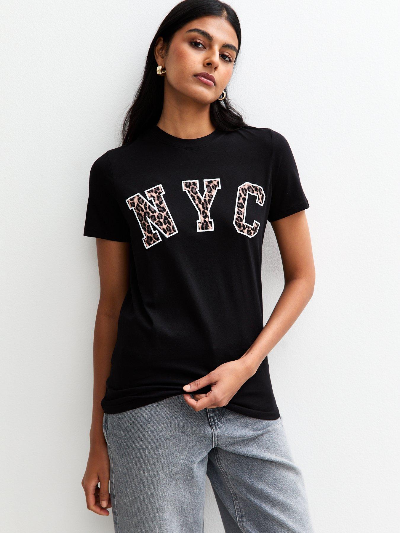 undefined Black Leopard Print Nyc Slogan T-shirt