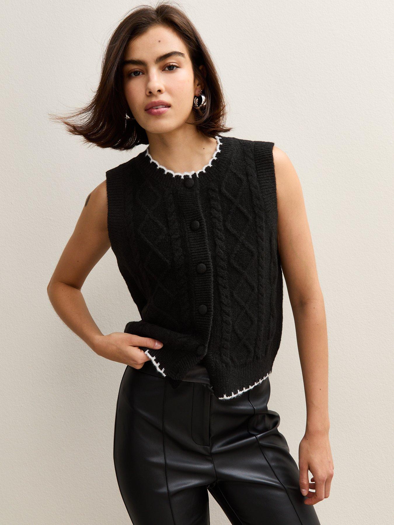 New Look Contrast Trim Cable Knit Waistcoat - Black