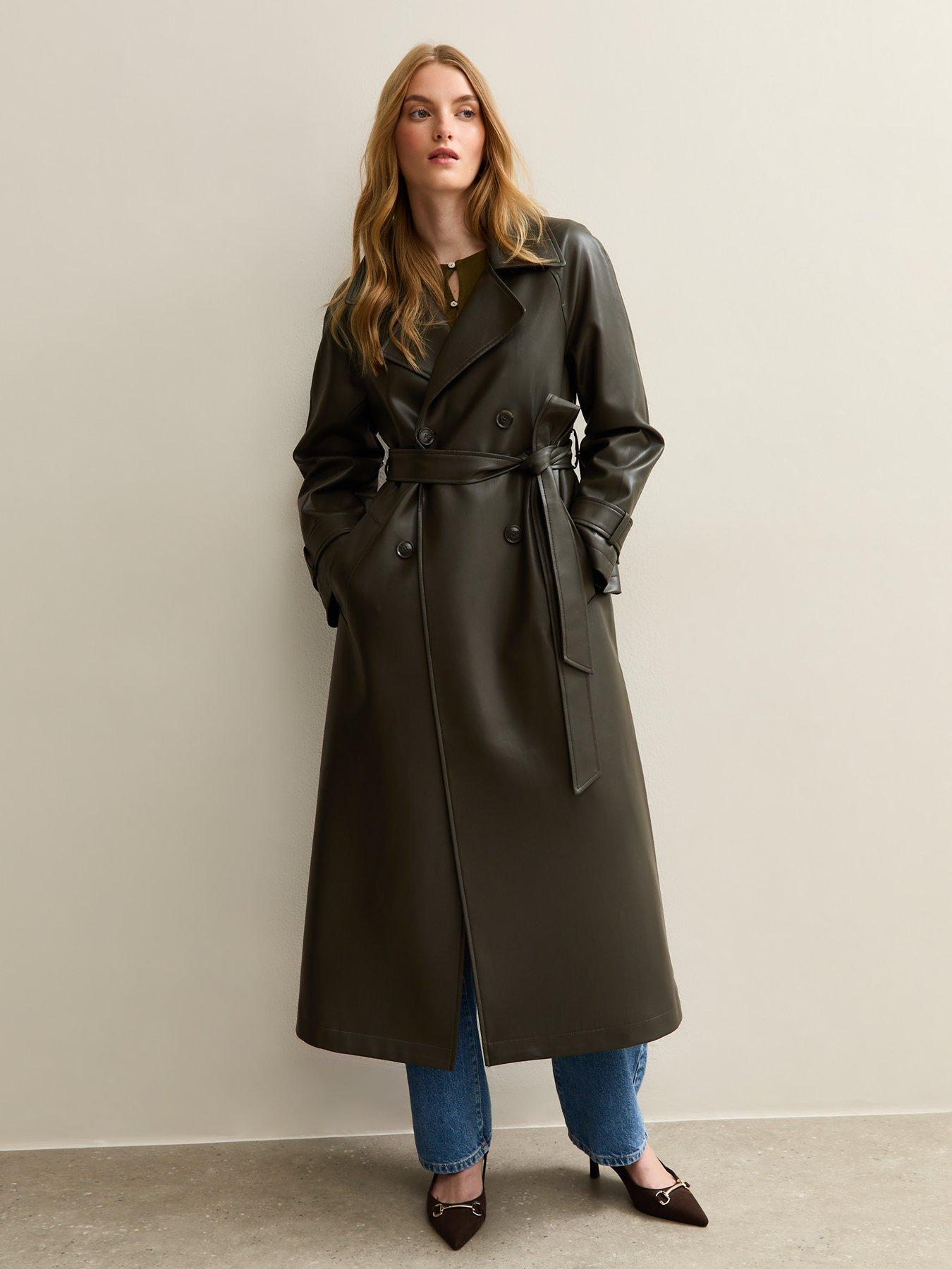 New Look Faux Leather Trench Coat Dark Green Very