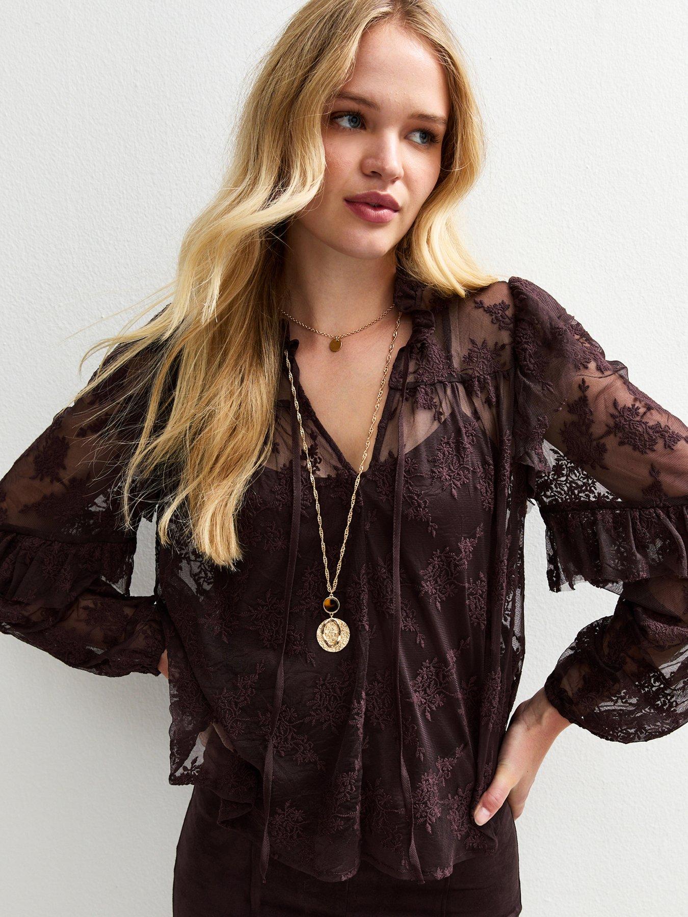 undefined Plum Floral Lace High Neck Semi-sheer Blouse