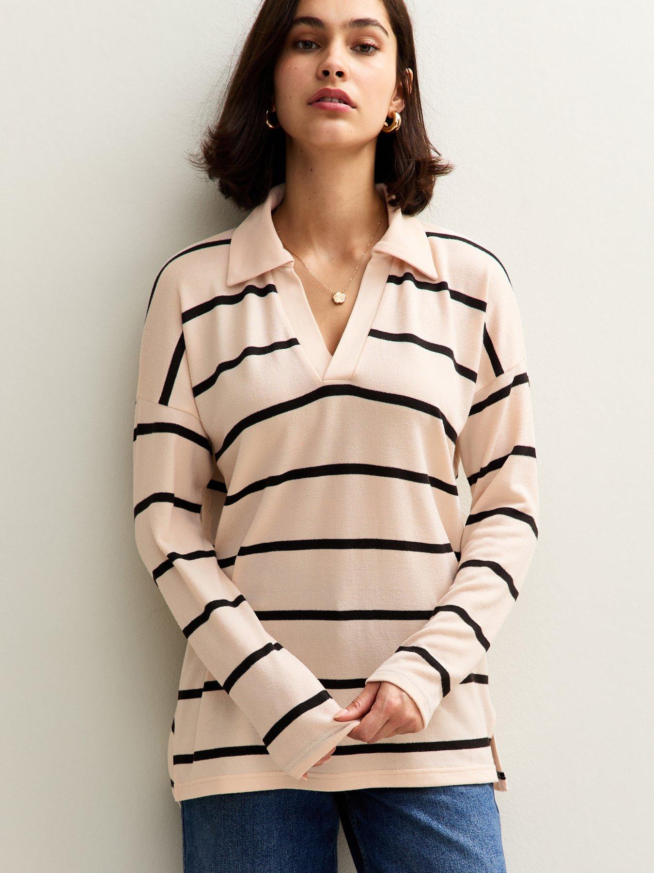 New Look Cream Soft Touch Striped Collar Jumper