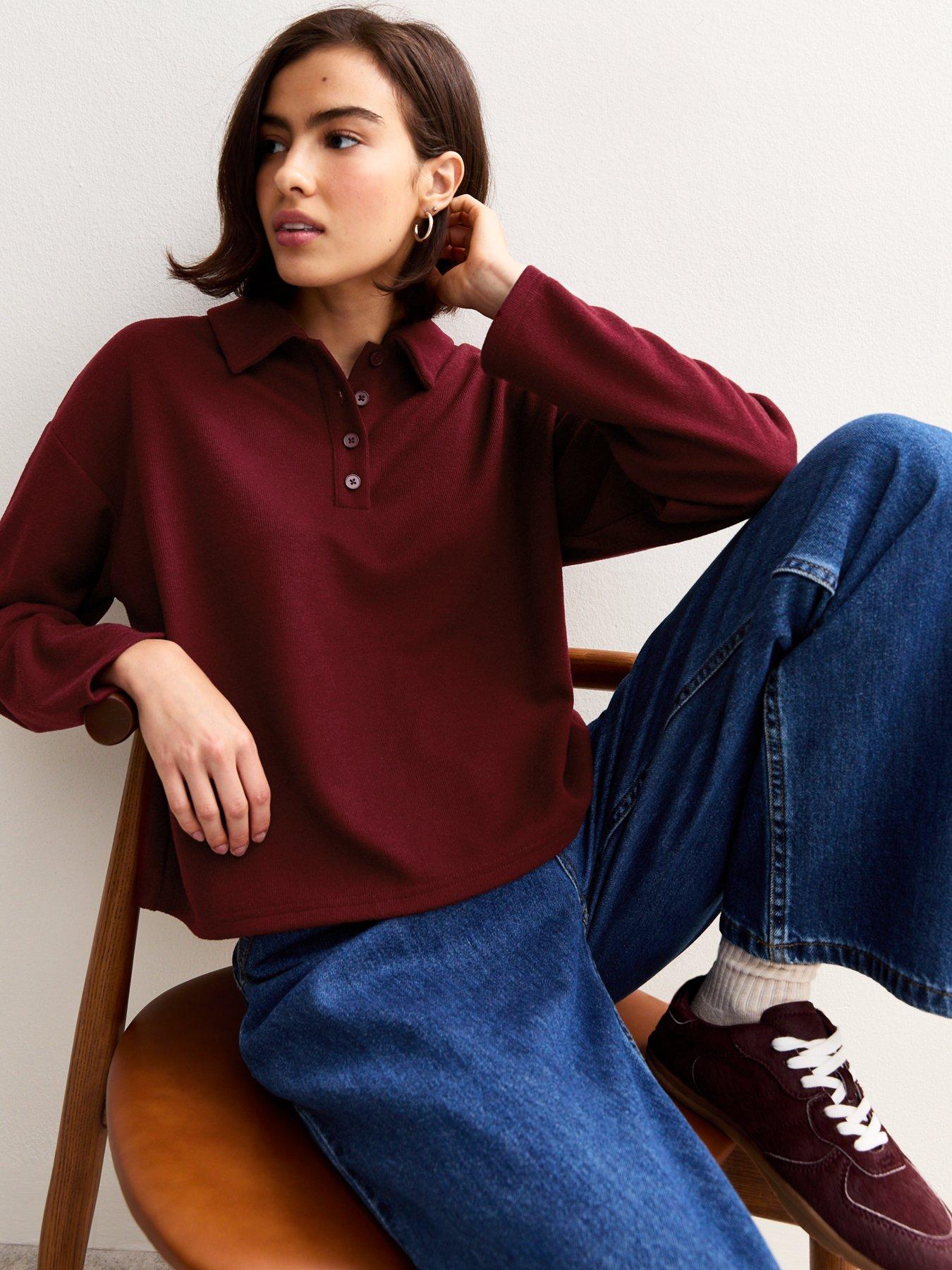 Image 1 of 5 of New Look Soft Touch Long Sleeve Button Up Polo Top - Dark Red