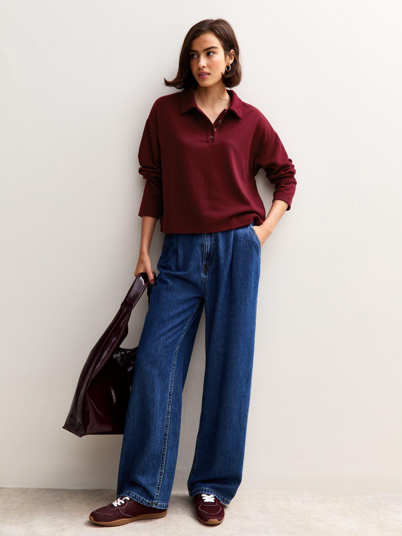 Image 3 of 5 of New Look Soft Touch Long Sleeve Button Up Polo Top - Dark Red