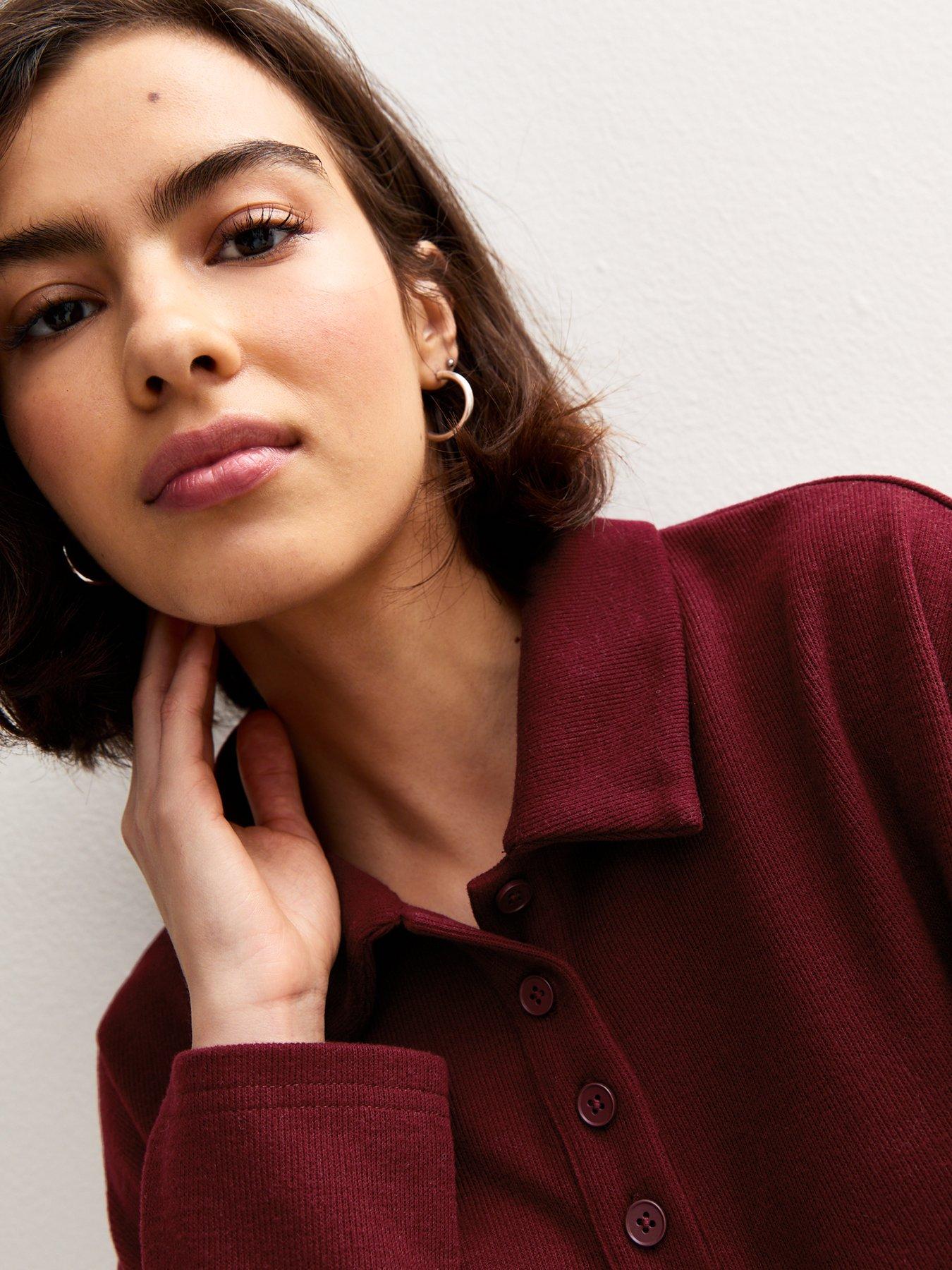 Image 4 of 5 of New Look Soft Touch Long Sleeve Button Up Polo Top - Dark Red