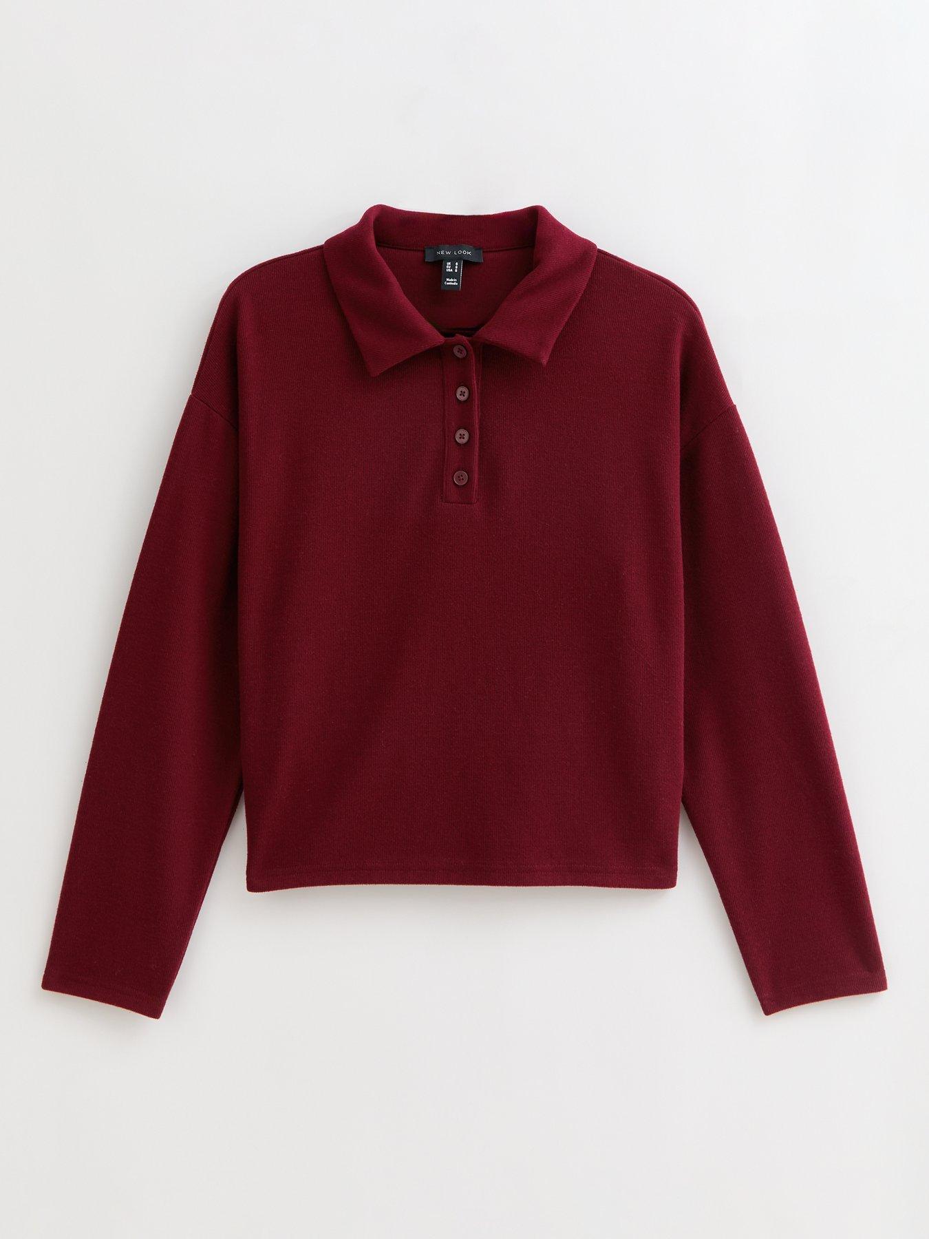 Image 5 of 5 of New Look Soft Touch Long Sleeve Button Up Polo Top - Dark Red