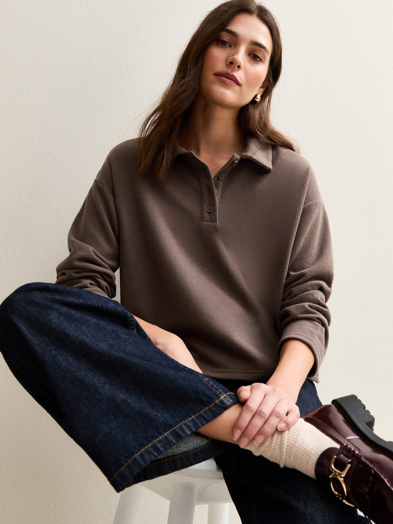 New Look Dark Mink Soft Touch Long Sleeve Button Up Polo Top
