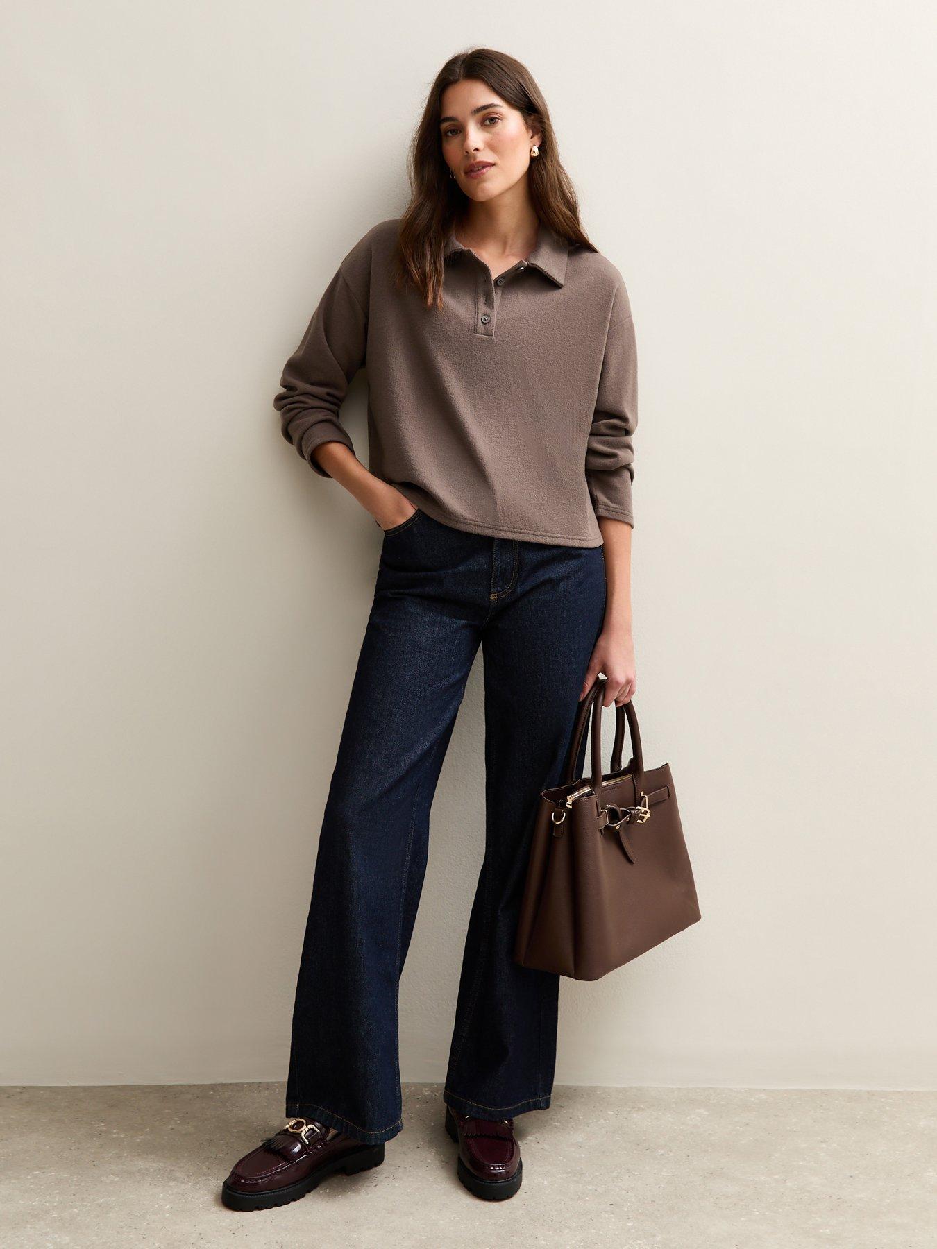 Image 3 of 6 of New Look Dark Mink Soft Touch Long Sleeve Button Up Polo Top