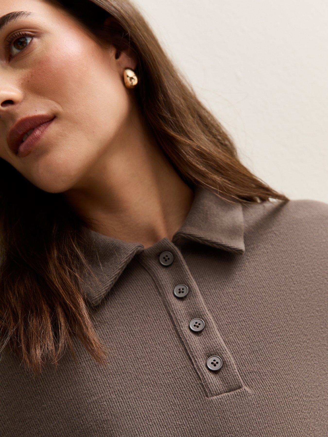 Image 4 of 6 of New Look Dark Mink Soft Touch Long Sleeve Button Up Polo Top