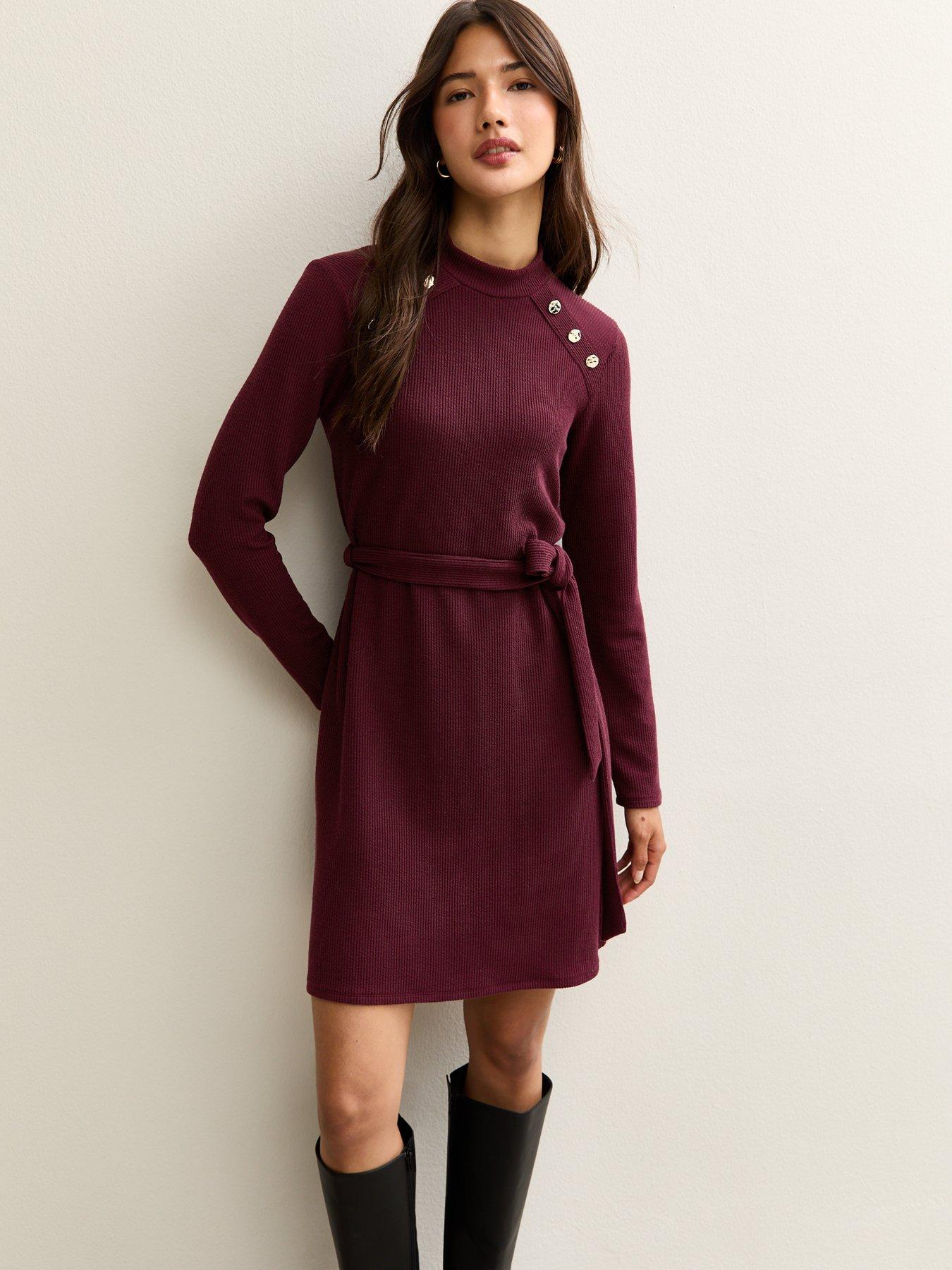 New Look Belted Long Sleeve Woven Mini Dress - Burgundy