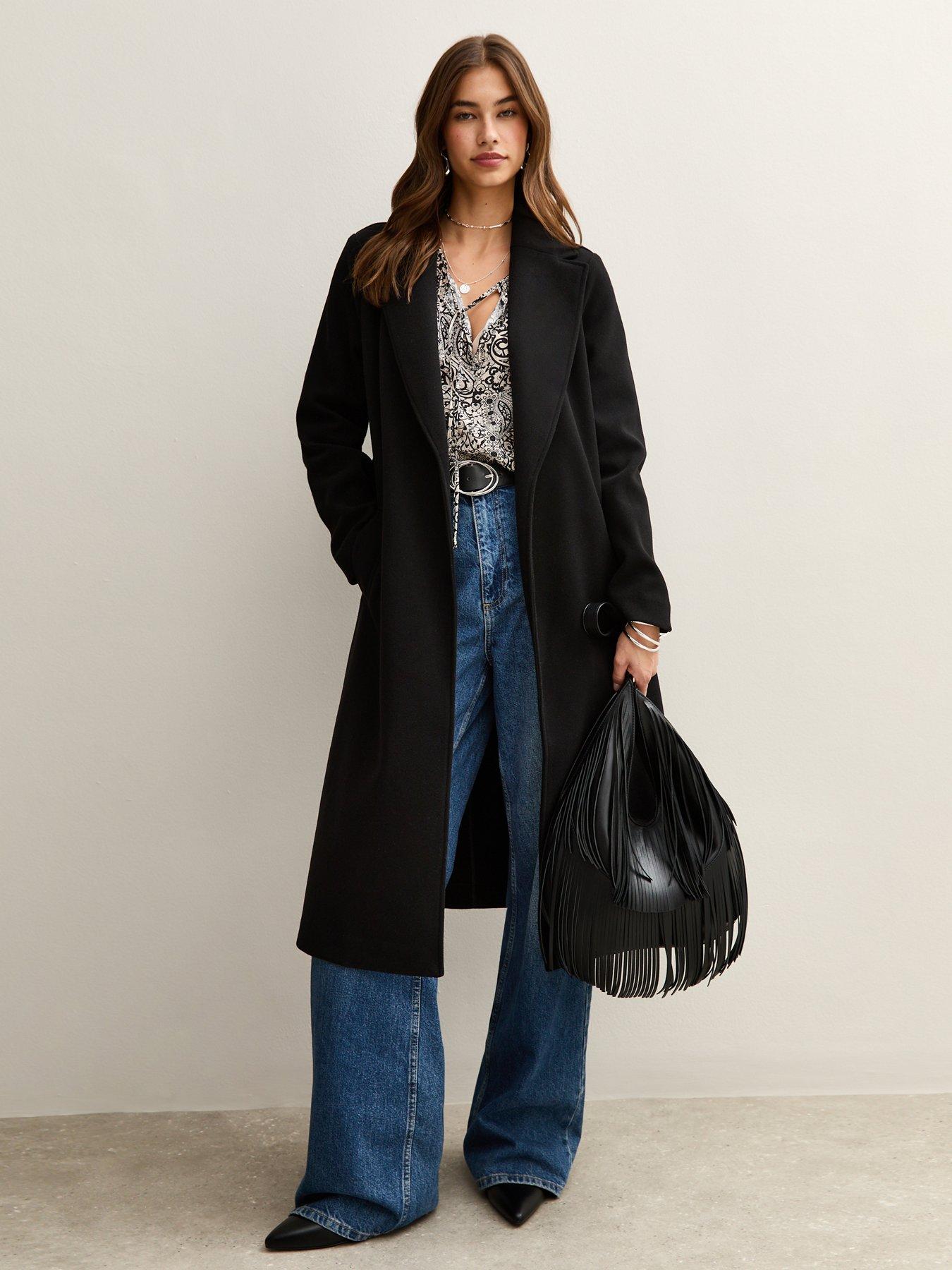Image 1 of 5 of New Look Unlined Longline Belted Coat - Black