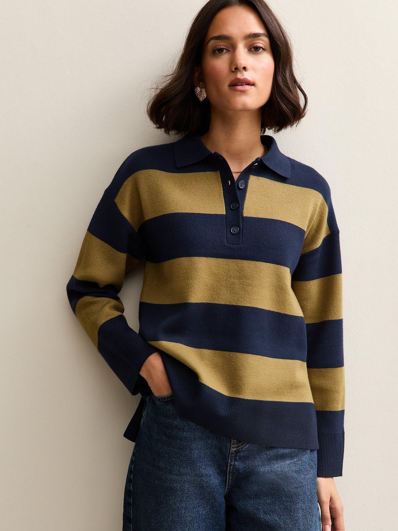 New Look Green Striped Compact Knit Button Up Polo Top