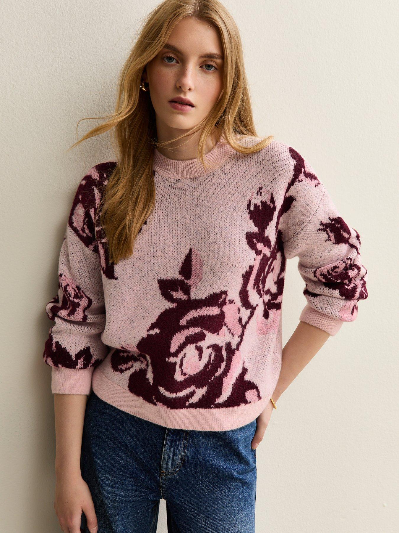 Image 1 of 5 of New Look Floral Pattern Midweight Jumper - Pink